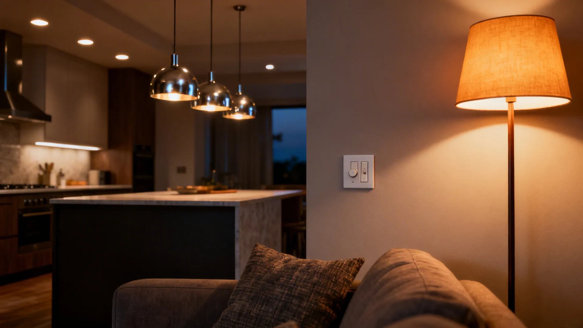Layered lighting with pendant lights, recessed lighting and a warm floor lamp in an open-plan room.