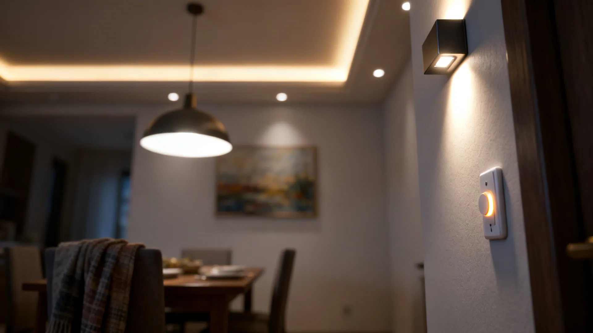 Close-up of layered dining room lighting: ambient, task, and accent with dimmer warmth
