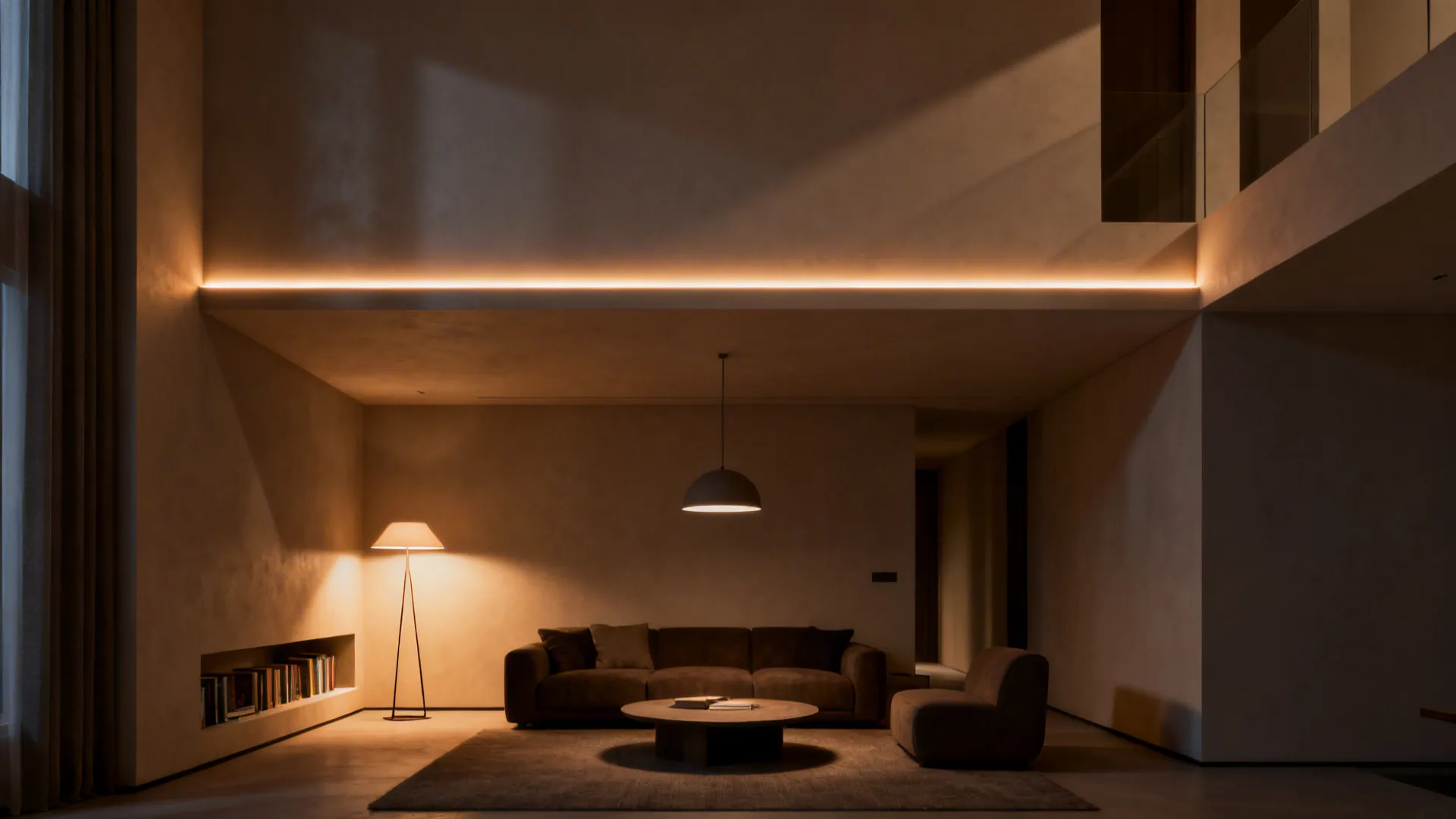 Split-level room showing recessed strip lighting, floor lamp and pendant creating cozy layered illumination.