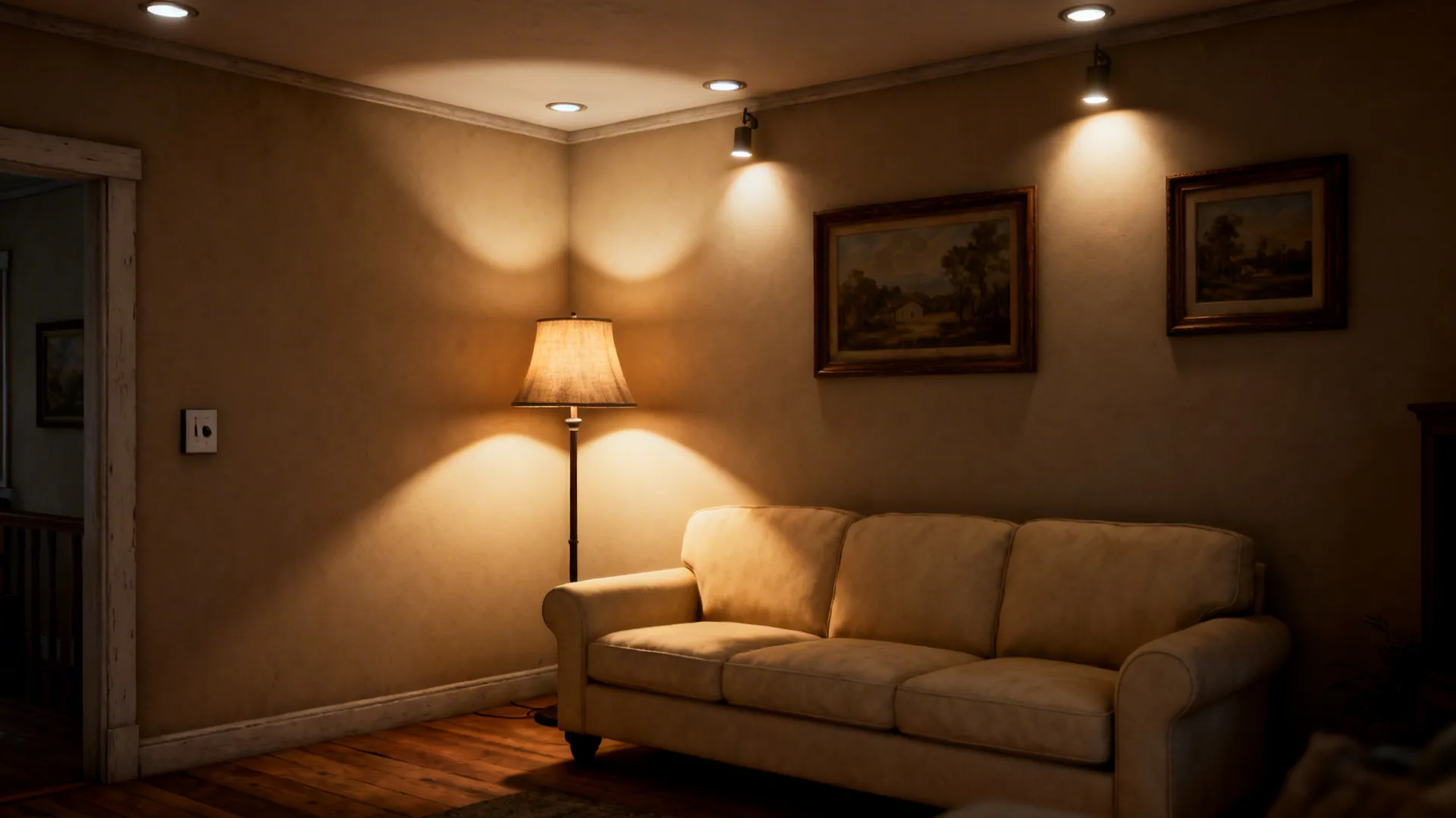 Layered lighting in a farmhouse living room including recessed lights, reading lamp and picture lights.