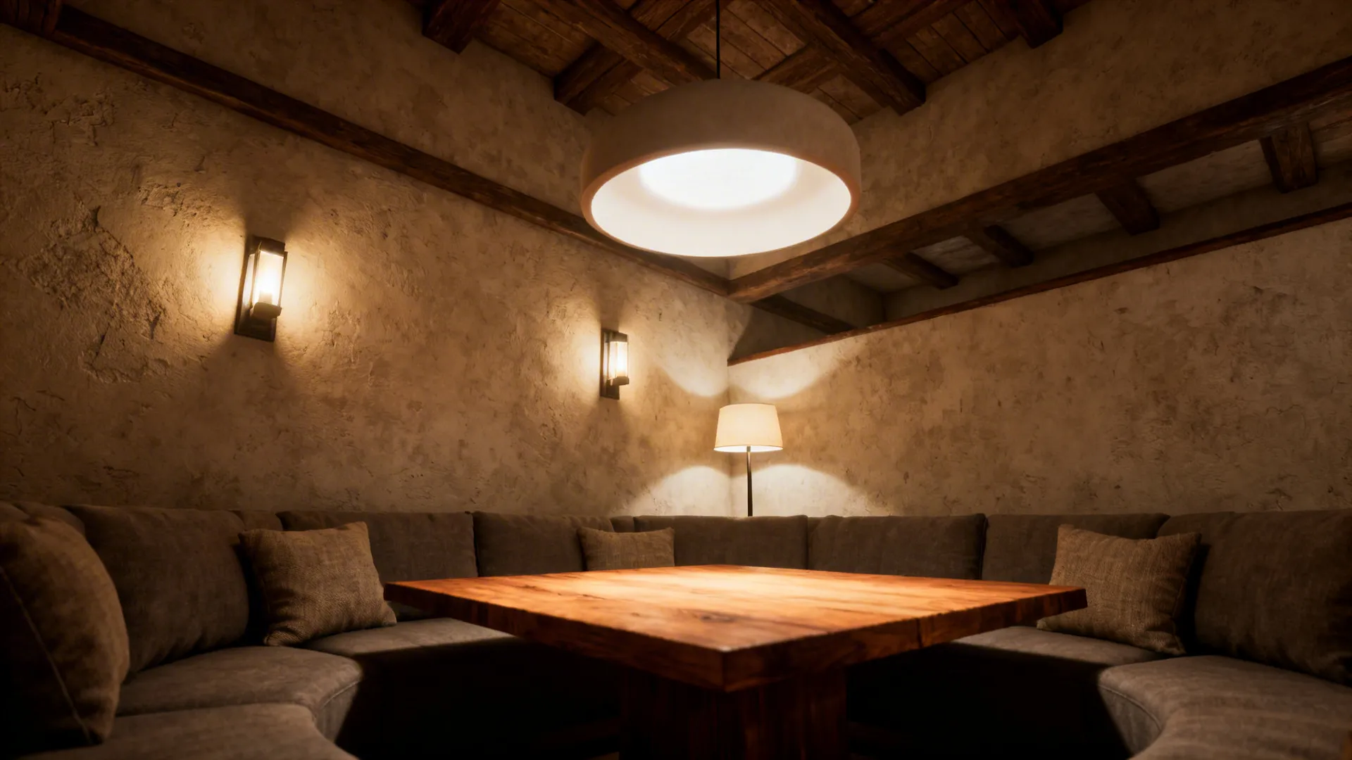 Seating area under a lowered pendant with wall sconces and a floor lamp, creating layered warm lighting.
