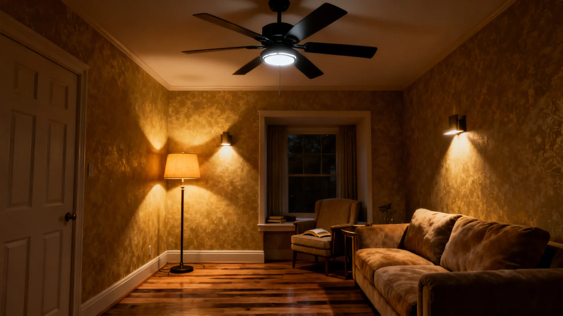 Small living room showing a black fan with integrated light plus floor lamp and wall sconces for layered lighting
