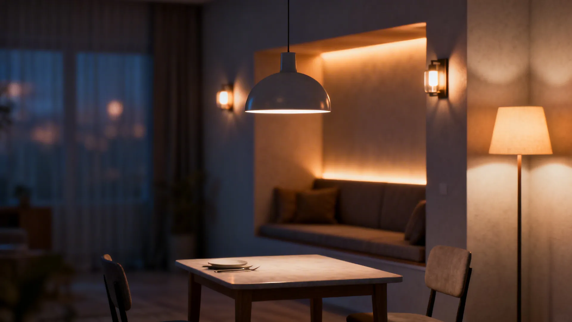 Small dining area with a pendant light and separate lamps defining a sitting nook