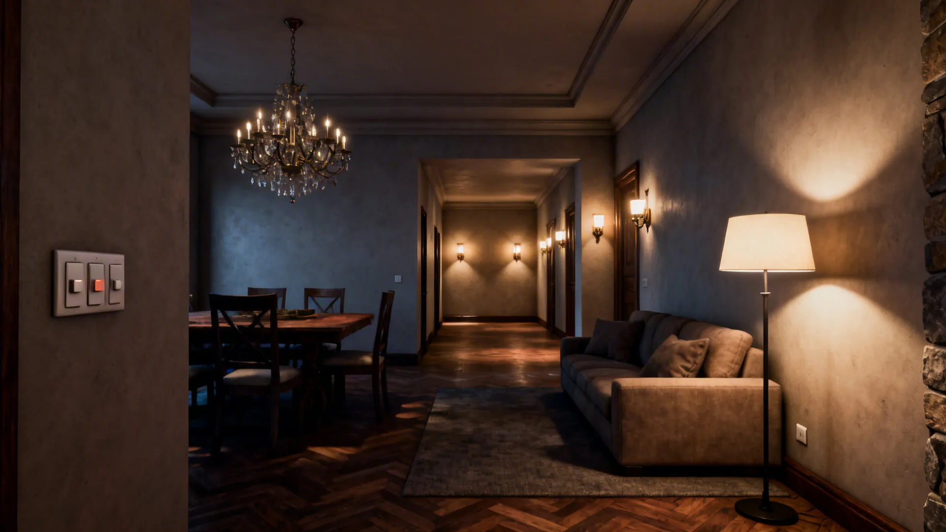 Layered lighting with chandelier, floor lamp, and wall sconces creating intimate zones in a long living room.