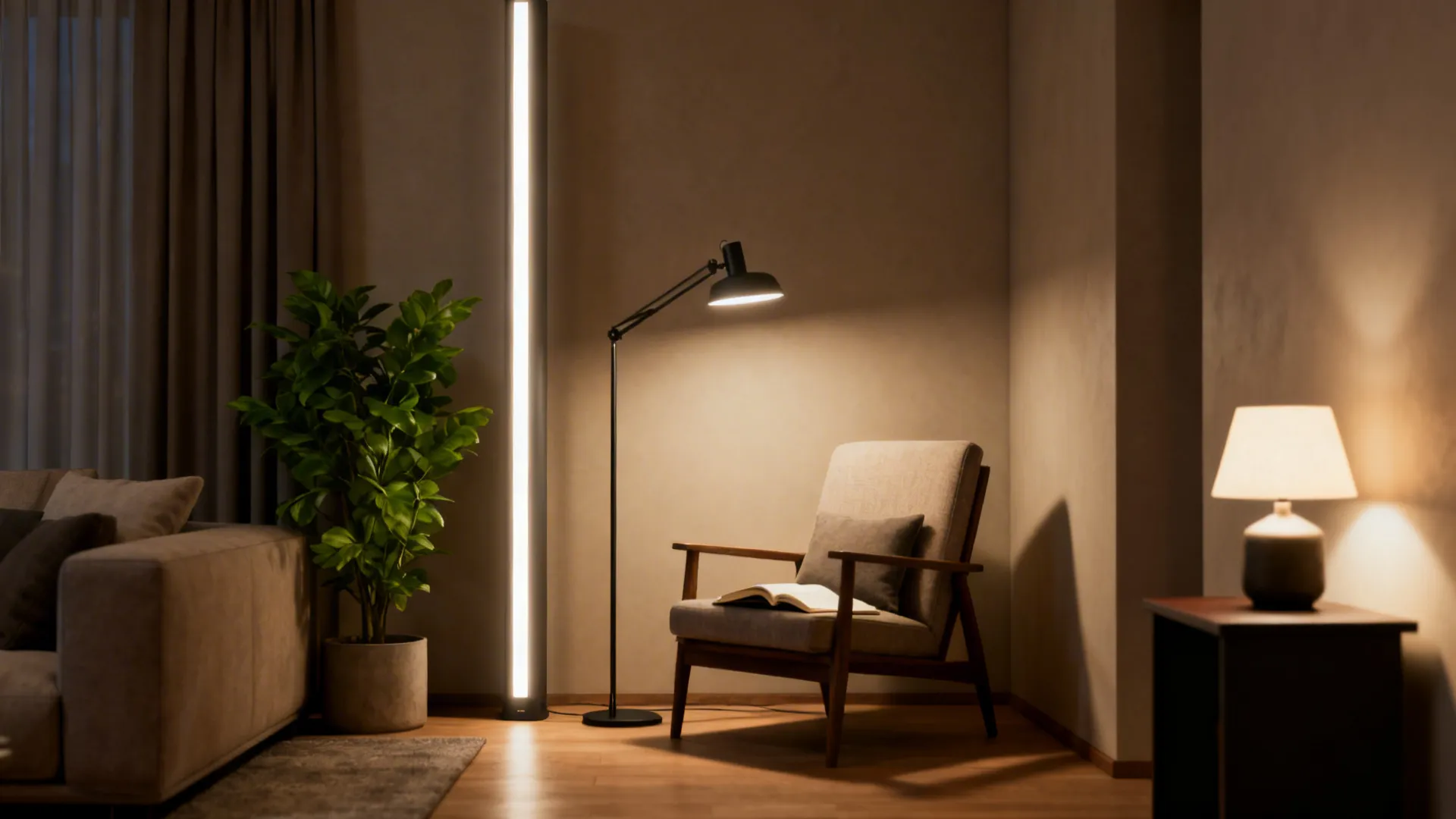 Layered lighting in a small living room combining a column lamp, task lamp, and table lamp for balanced ambiance.