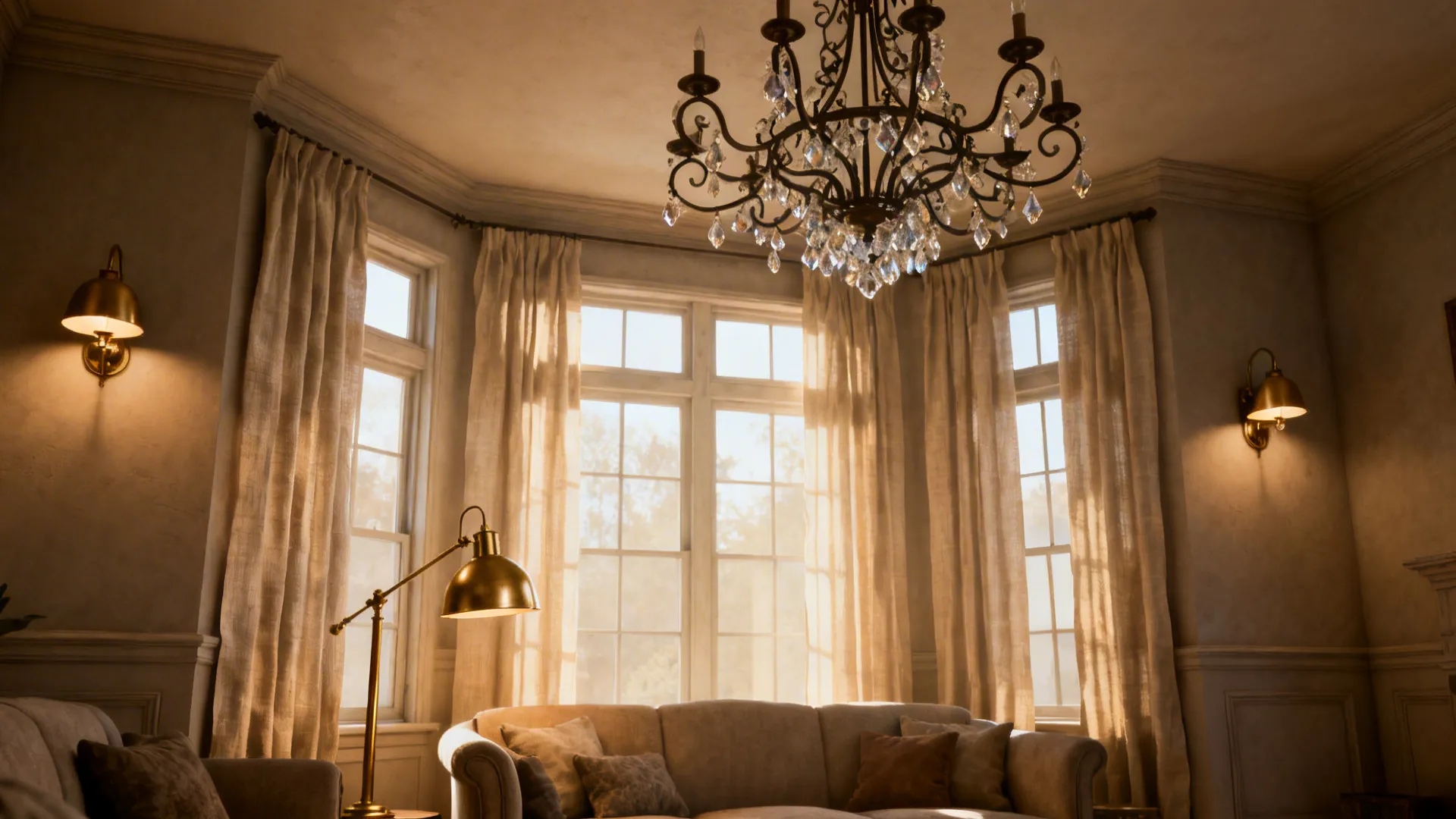 Layered chandelier, brass lamps, and linen window panels creating warm ambient light.
