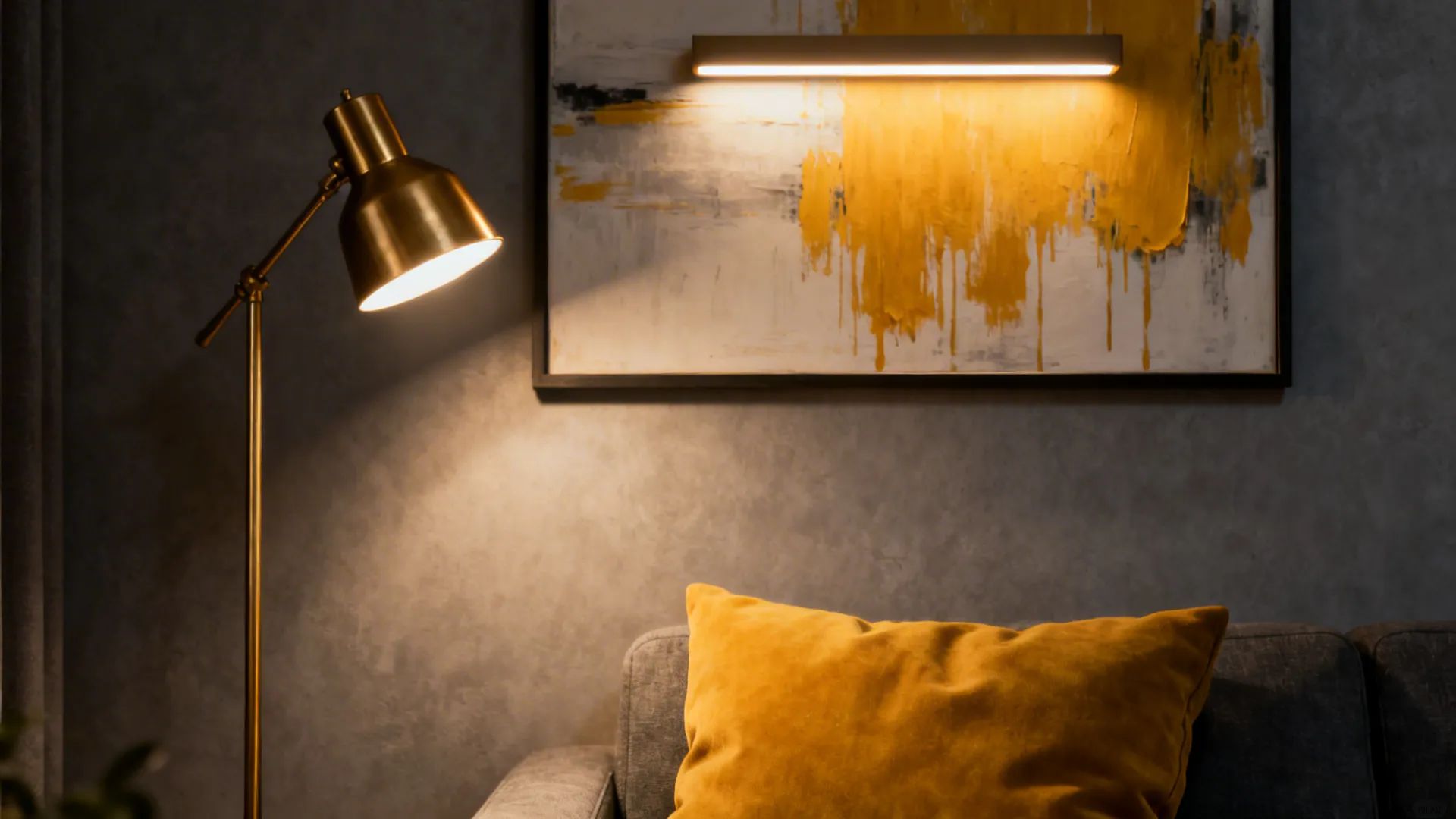 Gold floor lamp lighting a yellow painting on a grey wall near a grey sofa