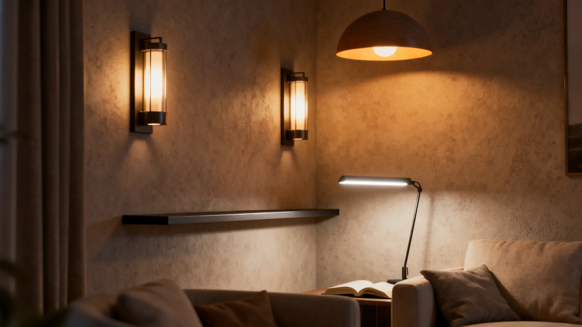 Wall sconces, pendant and task lamp creating layered lighting in a small living room