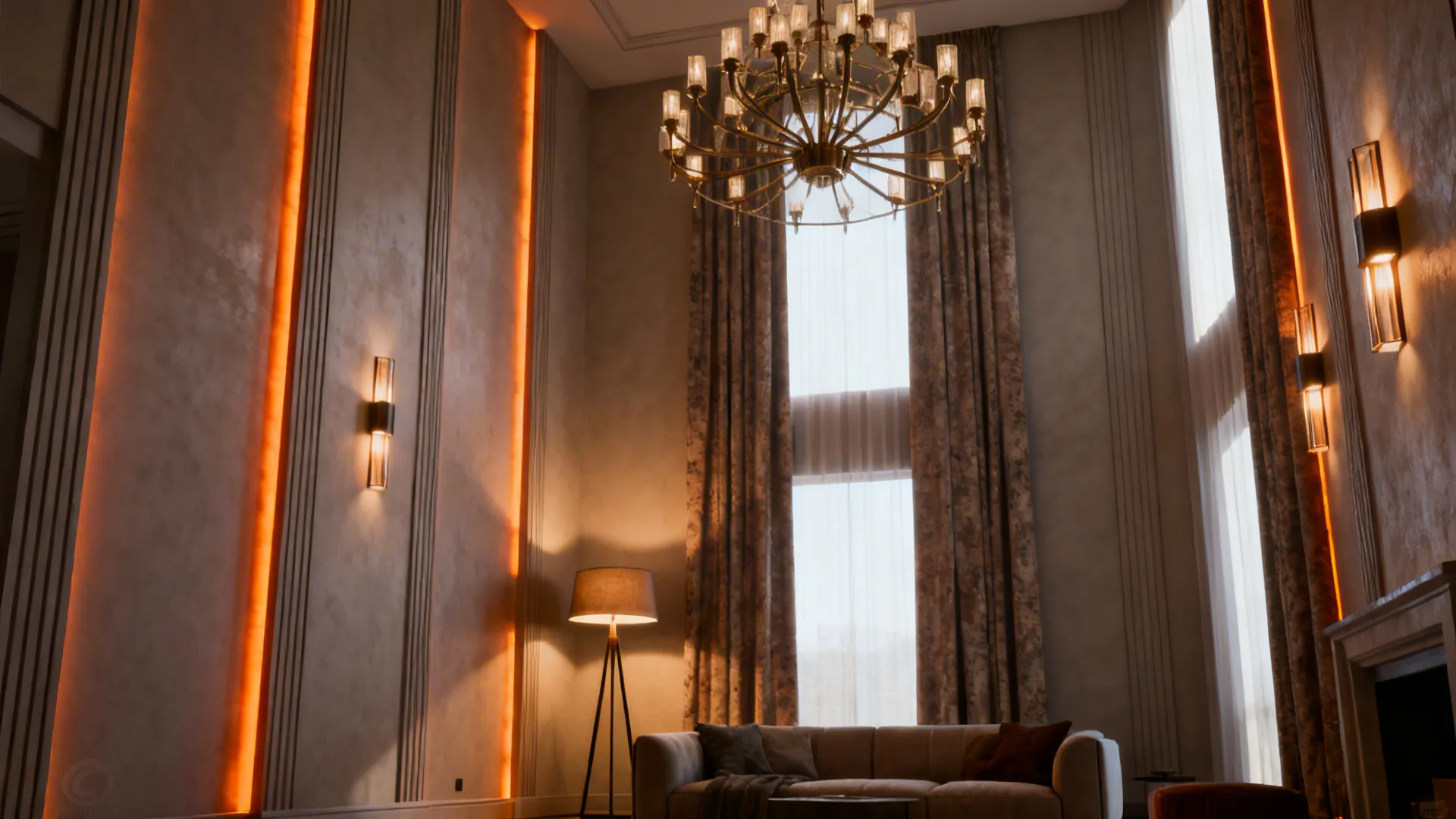 Layered lighting: chandelier, floor lamp and wall sconces in a tall living room creating warm zones.