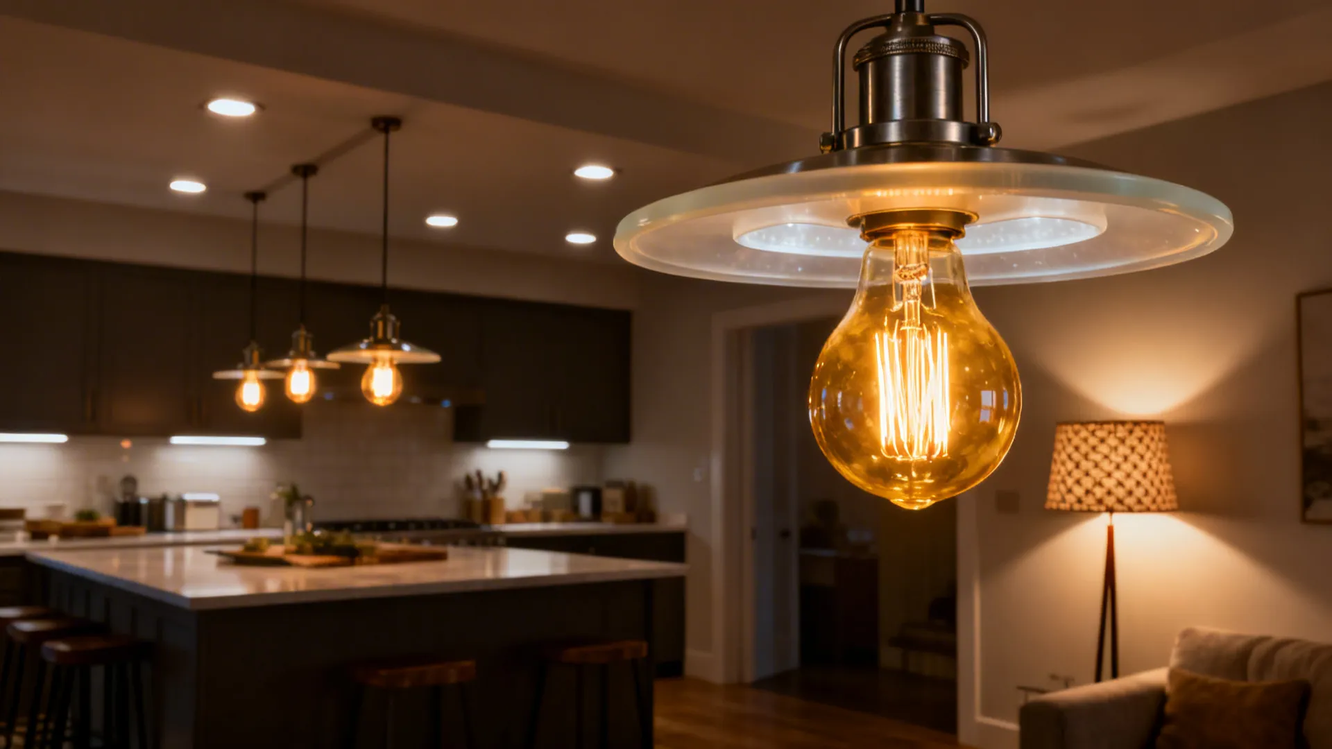 Layered lighting with pendants over island, recessed prep lights, and a floor lamp by the sofa