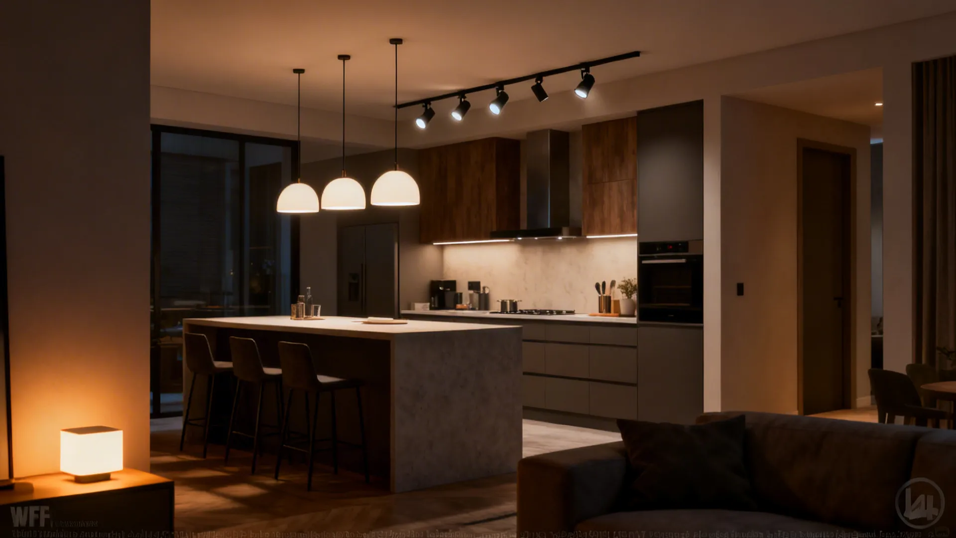 Layered lighting with pendants, track lights, and a warm dimmable fixture defining zones in an open-plan space.