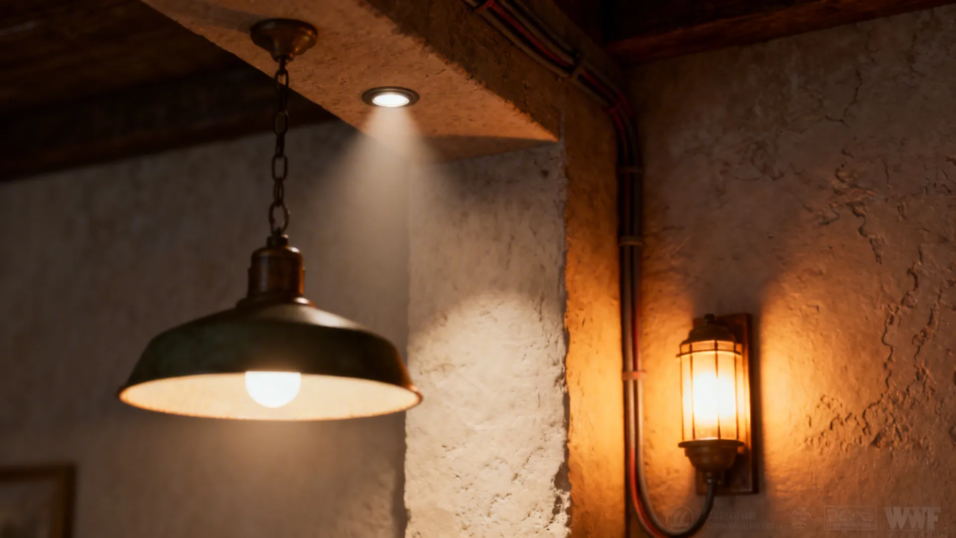 Close-up of a pendant, uplight on a beam, and wall sconce in a vaulted living room.