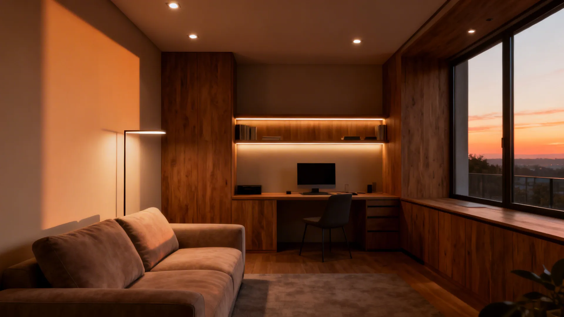 Home office with wood desk sofa wall light and shelf lighting during a warm sunset view