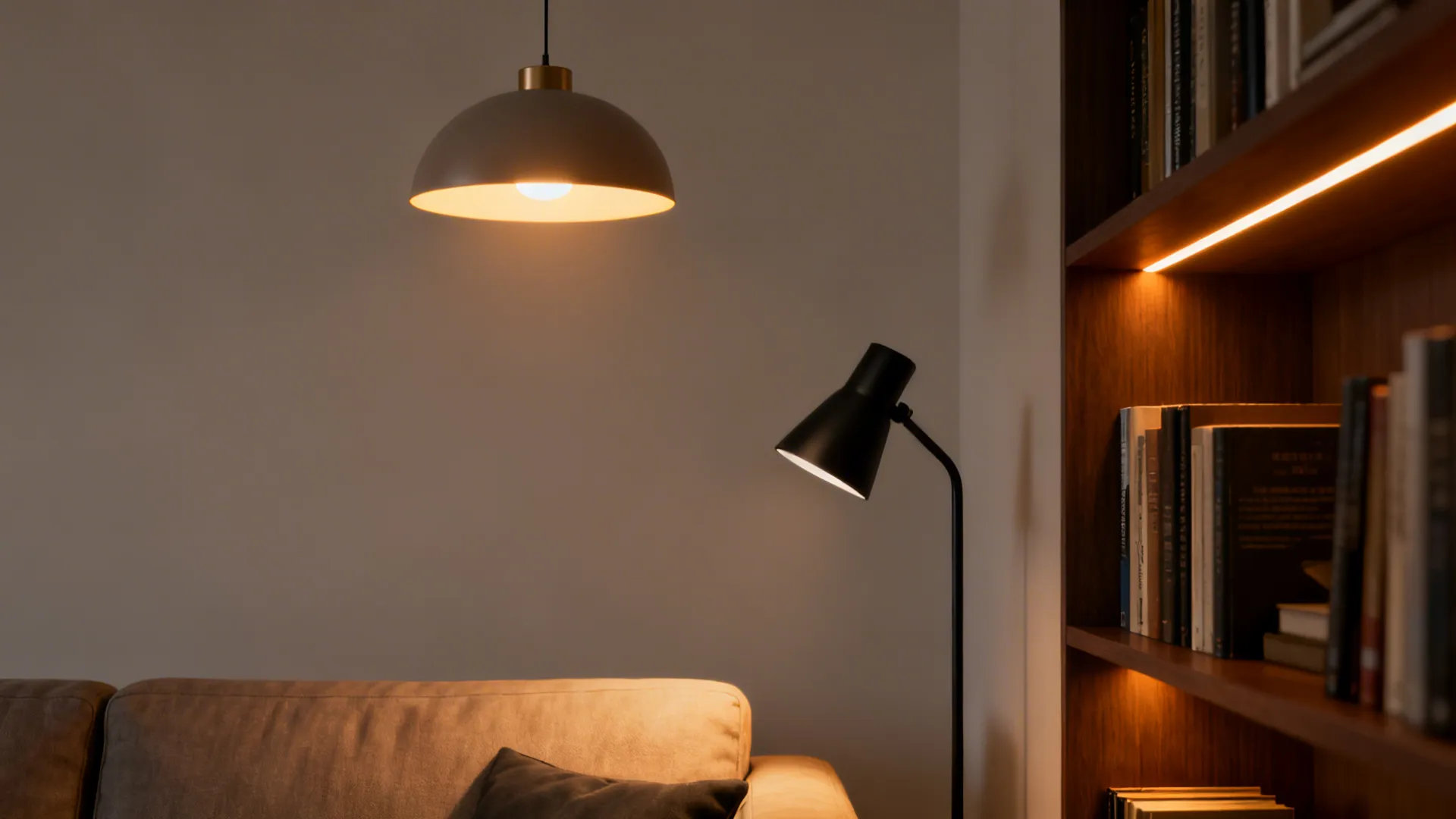 Close-up of layered lighting: warm pendant, reading lamp, and LED strip behind shelves