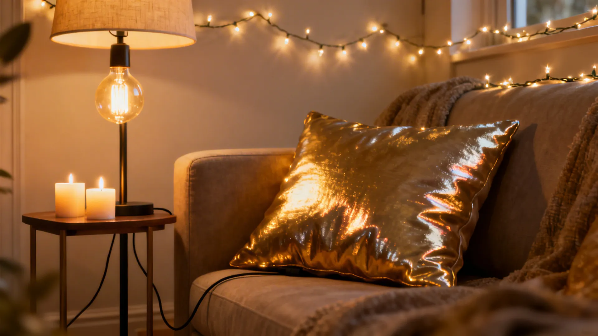 Layered lighting with fairy lights, a warm floor lamp and LED candles creating cozy ambiance