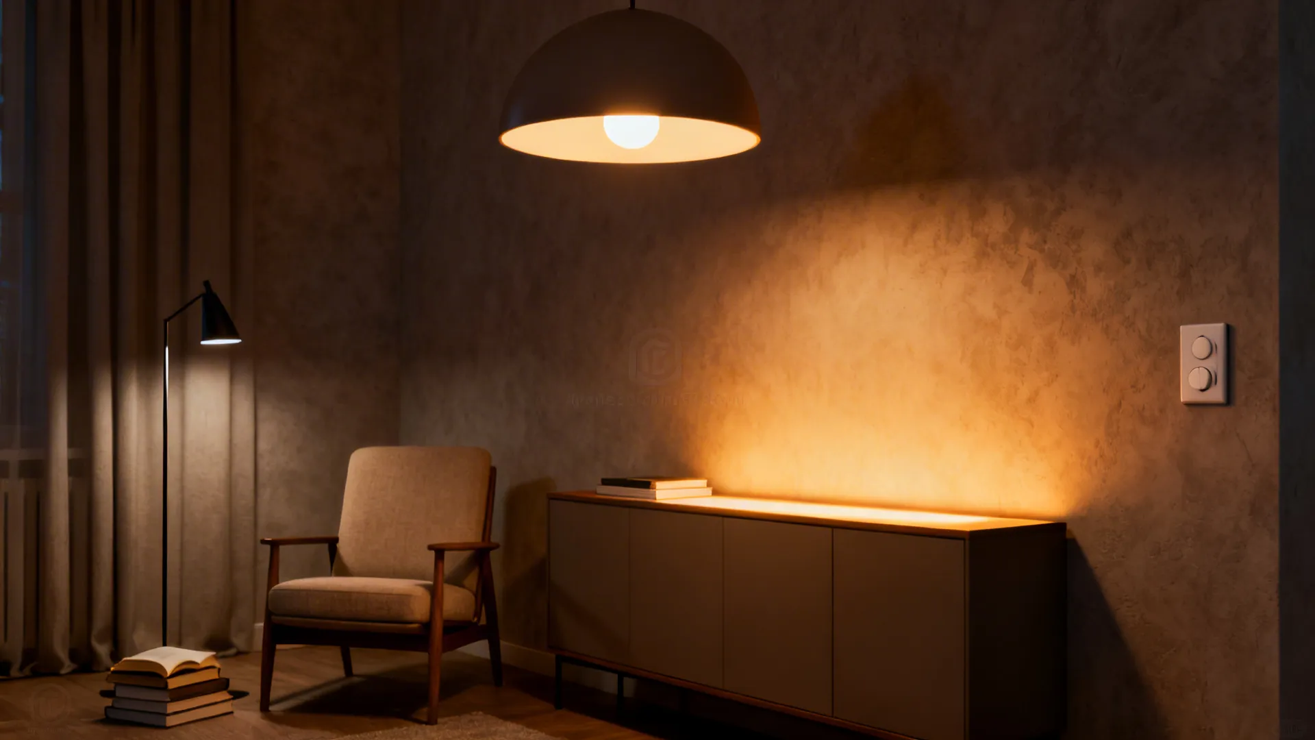 Modern living room with warm ceiling light floor lamp and a glowing wooden storage cabinet