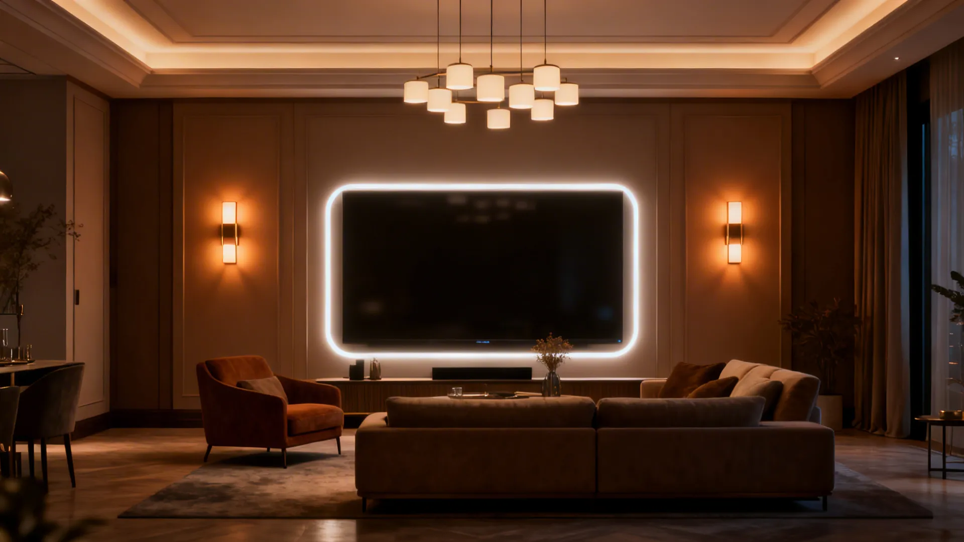 Layered lighting setup around a large TV: dimmable overhead, wall sconces, and LED backlight.