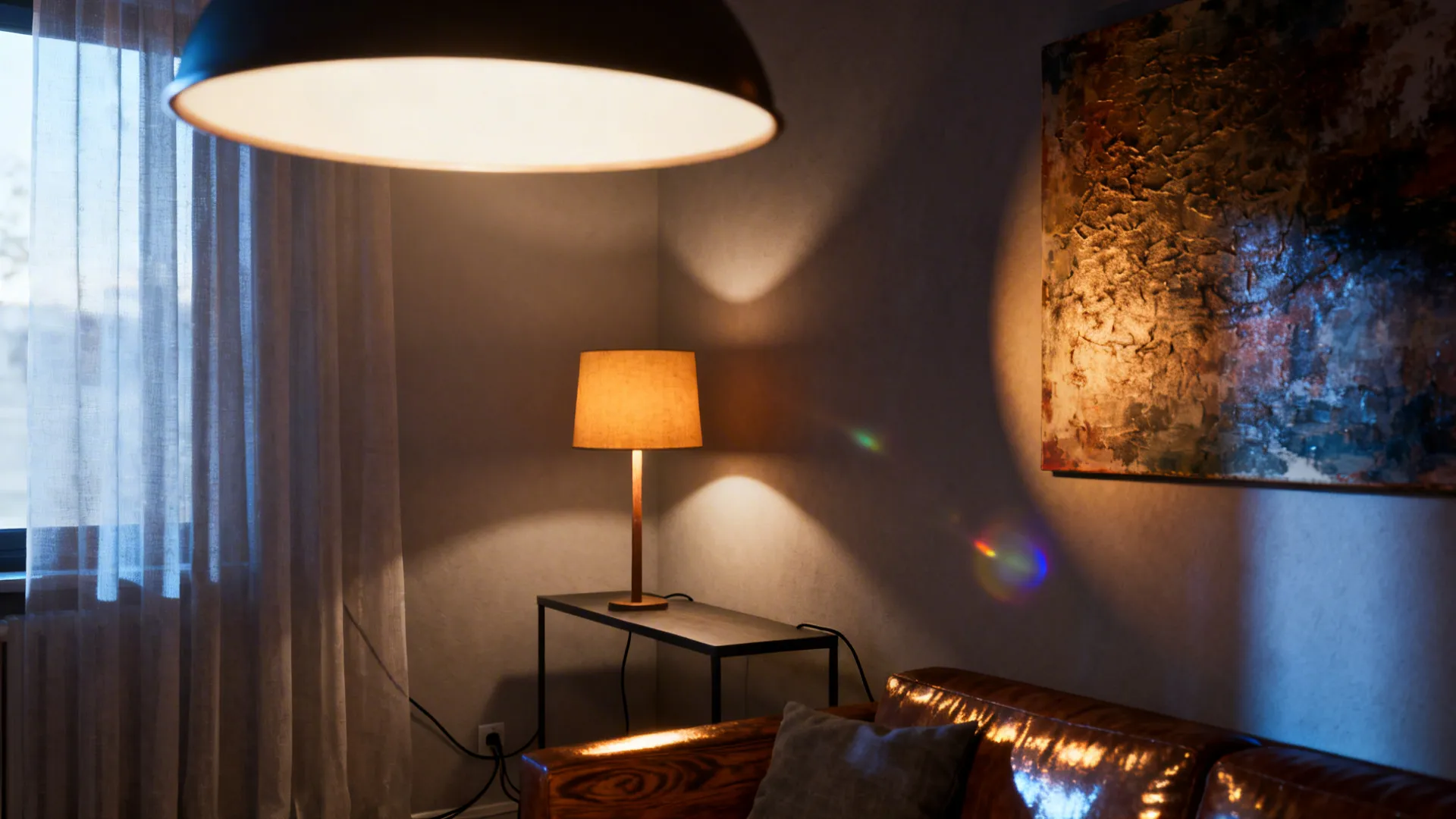 Layered lighting with pendant, table lamp, and artwork spotlight in a living room