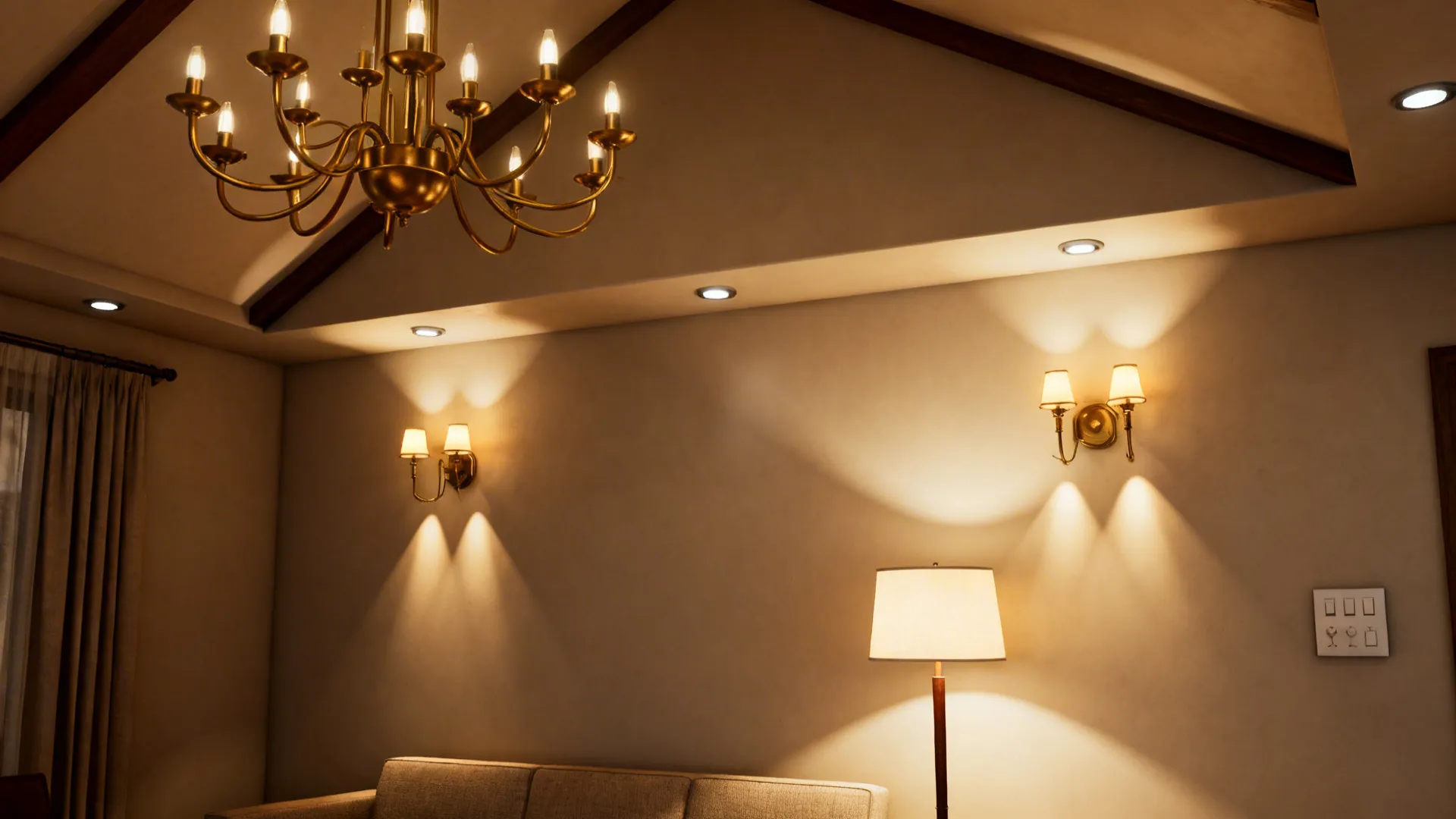Close-up of layered lighting: chandelier, recessed cans, wall sconces and floor lamp in a vaulted living room.