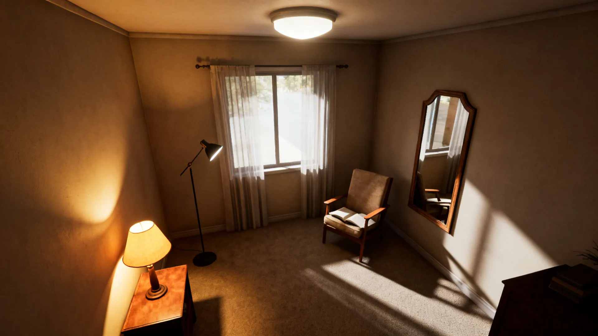 Layered lighting with ambient ceiling light, table lamp, and floor lamp in a small room.