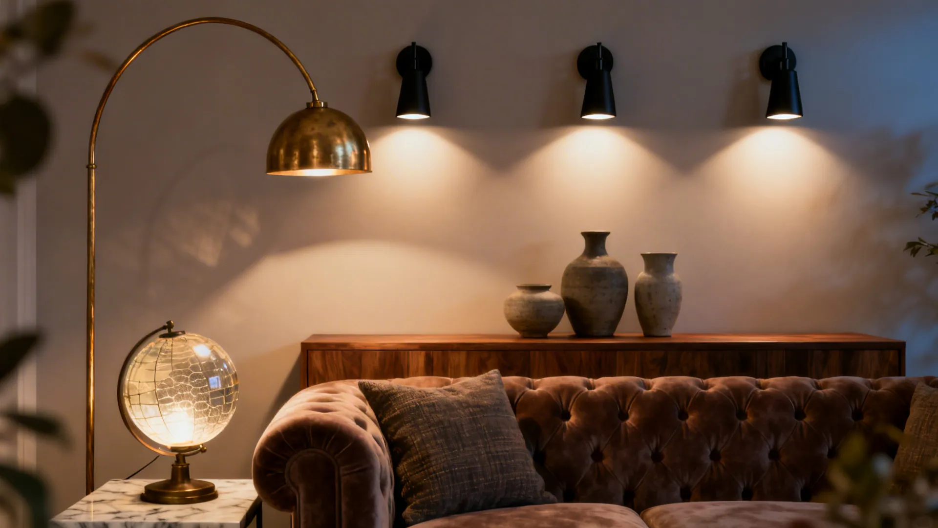 Layered lighting with a brass arc floor lamp, globe table lamp, and wall sconces creating warm ambiance.