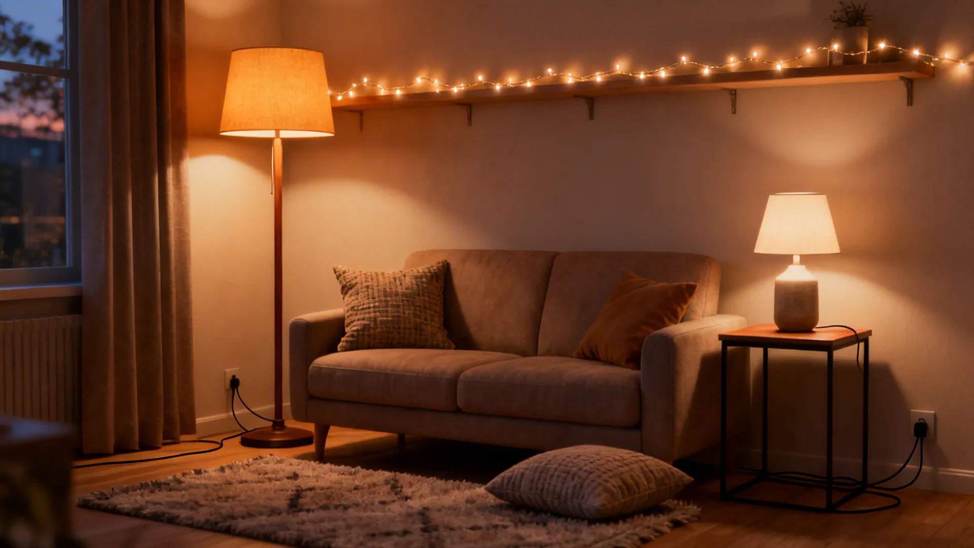 Warm living room with beige sofa floor lamp table lamp string lights and a small rug