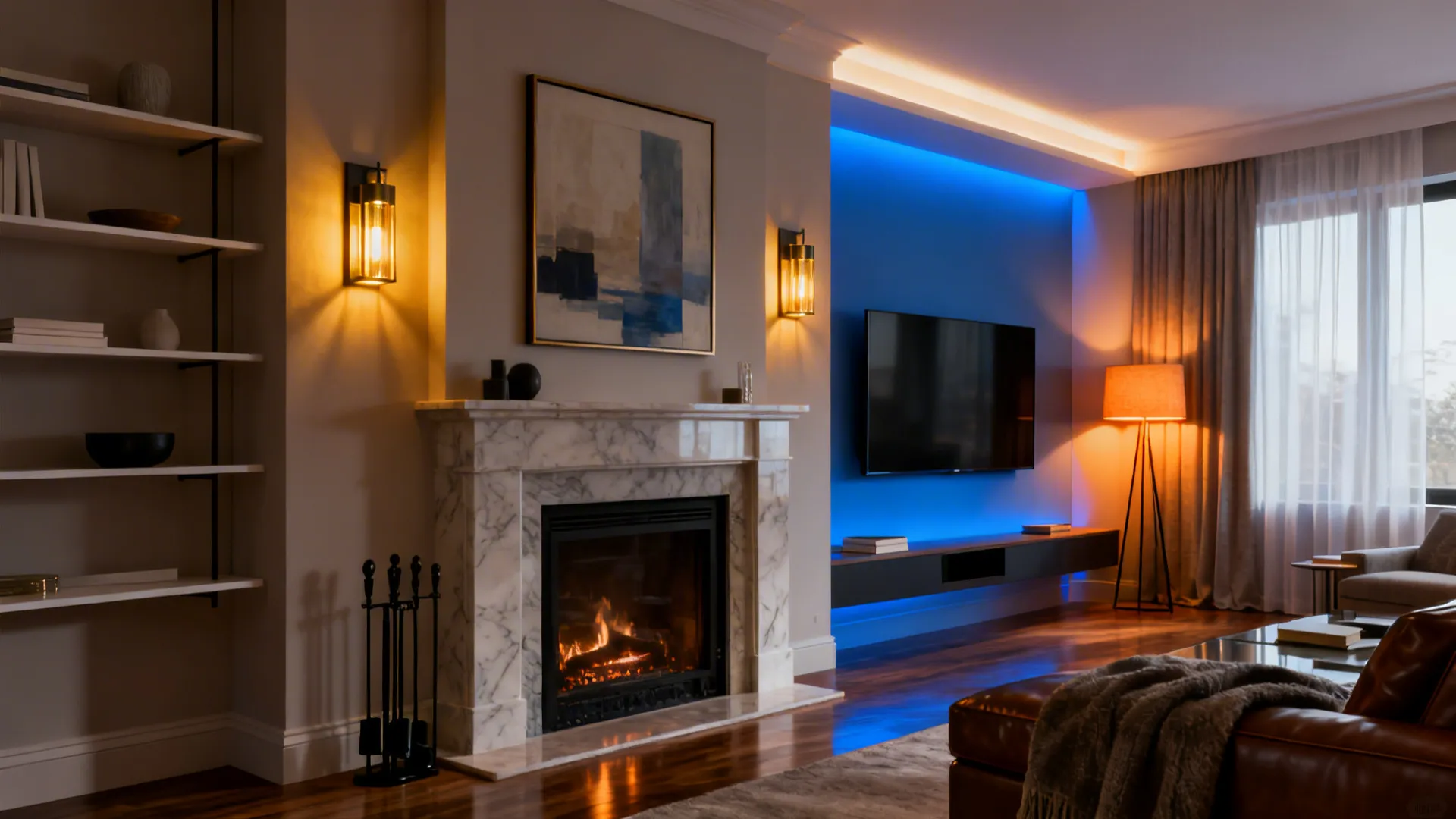 Layered lighting with wall sconces, cove lighting, and a floor lamp framing fireplace and TV areas.