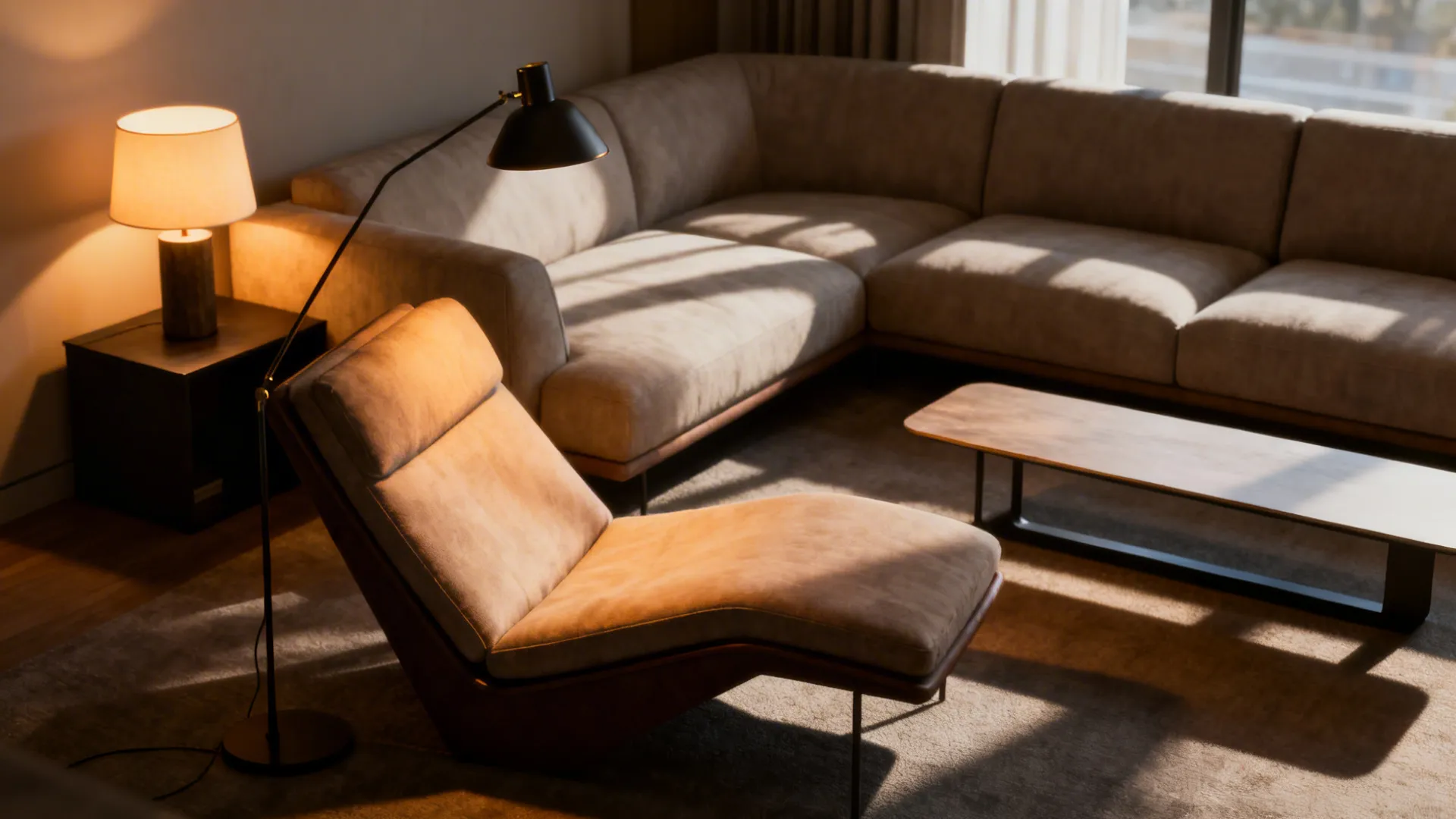 Layered lighting around an L-shaped sofa with floor and table lamps and a low-profile coffee table