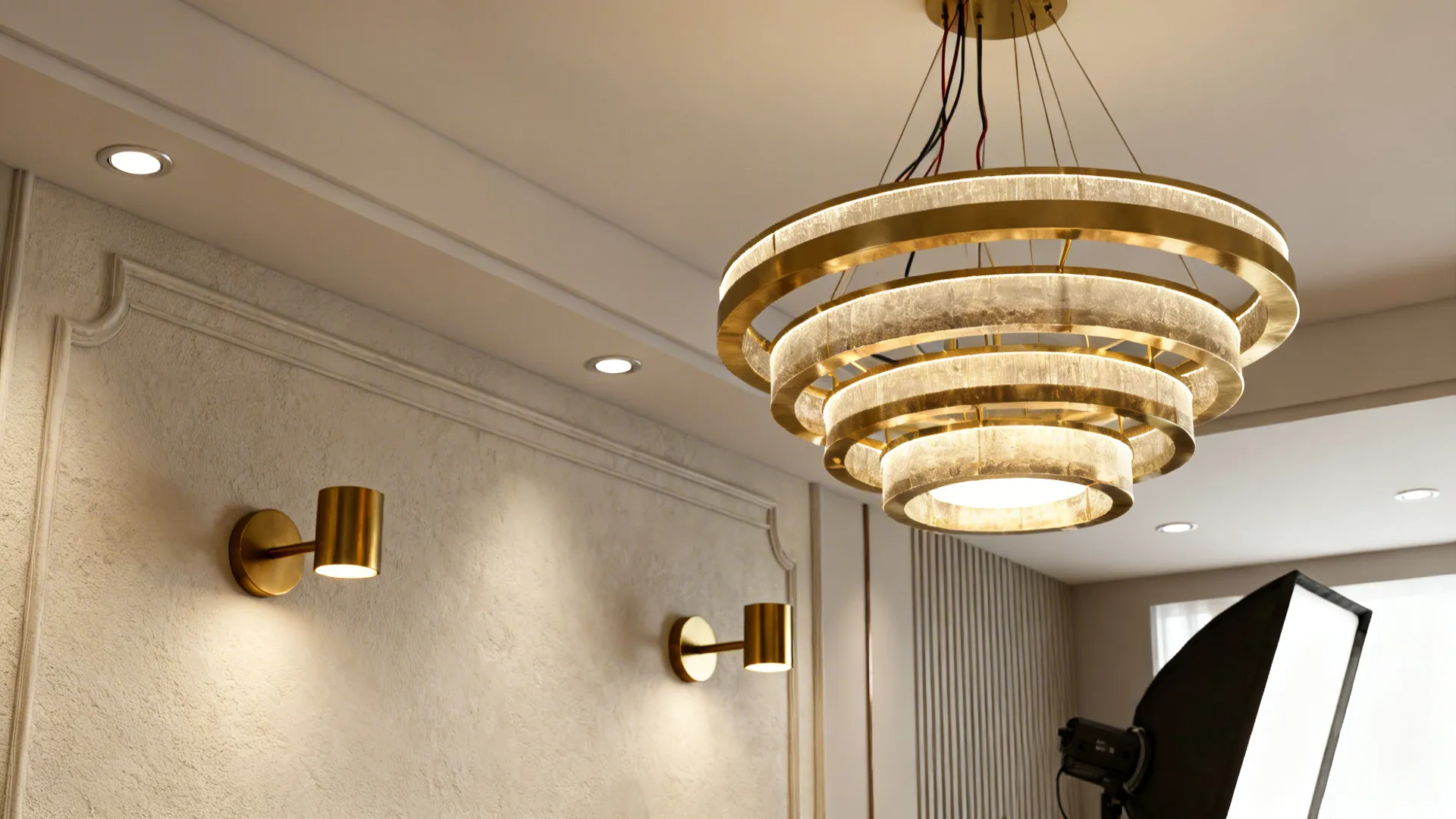 Close-up of chandelier, recessed lights and brass wall sconces against a plaster wall
