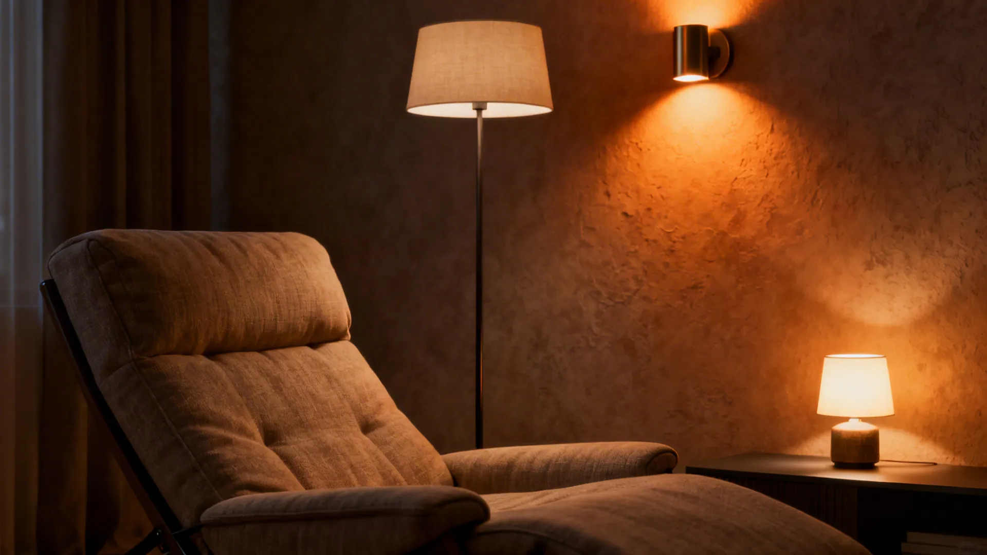 Layered warm lighting around a recliner including floor lamp, wall sconce, and table lamp