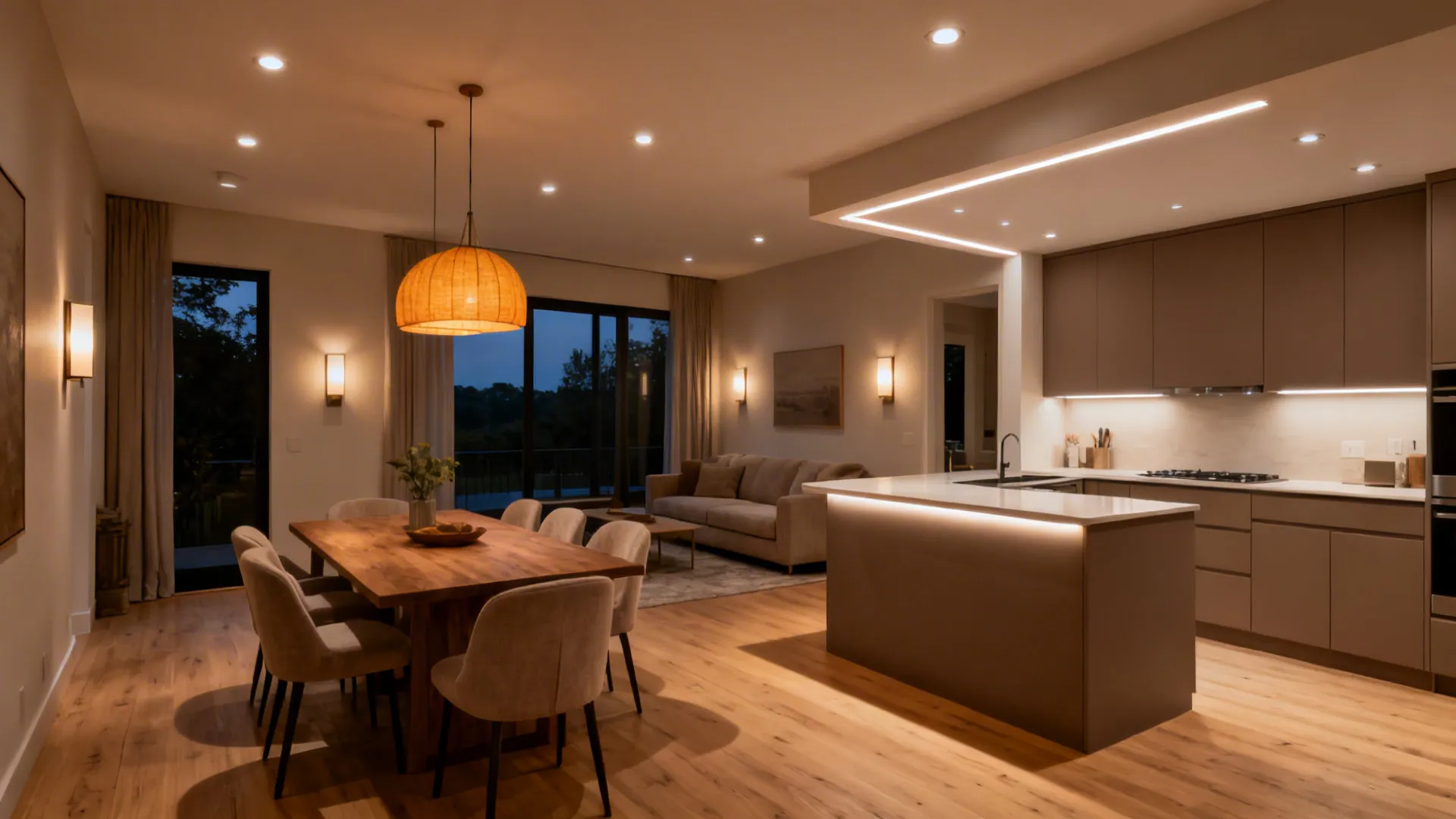 Warm open plan living space with wooden dining table sofa kitchen island and bright light