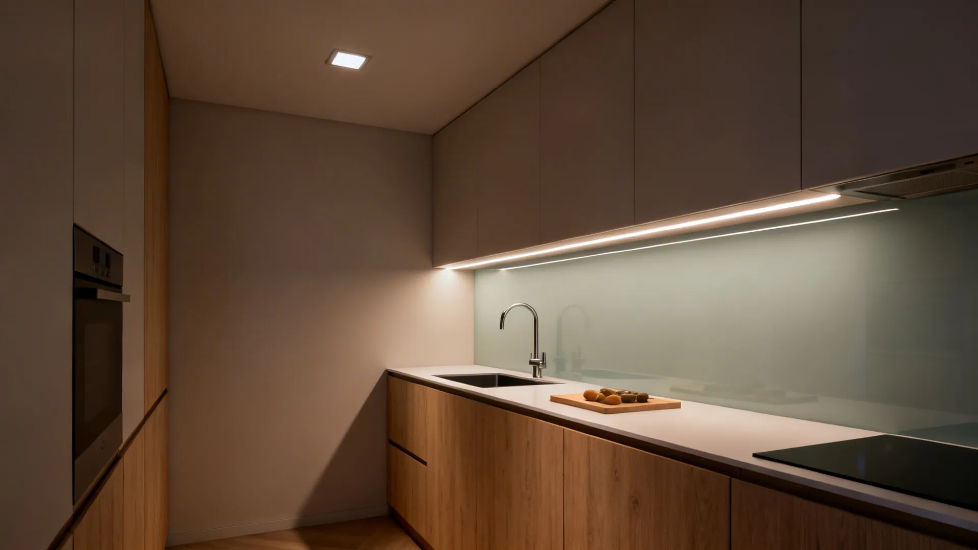 Layered lighting in a small kitchen with ambient, under-cab strips, and a slim linear over the sink.