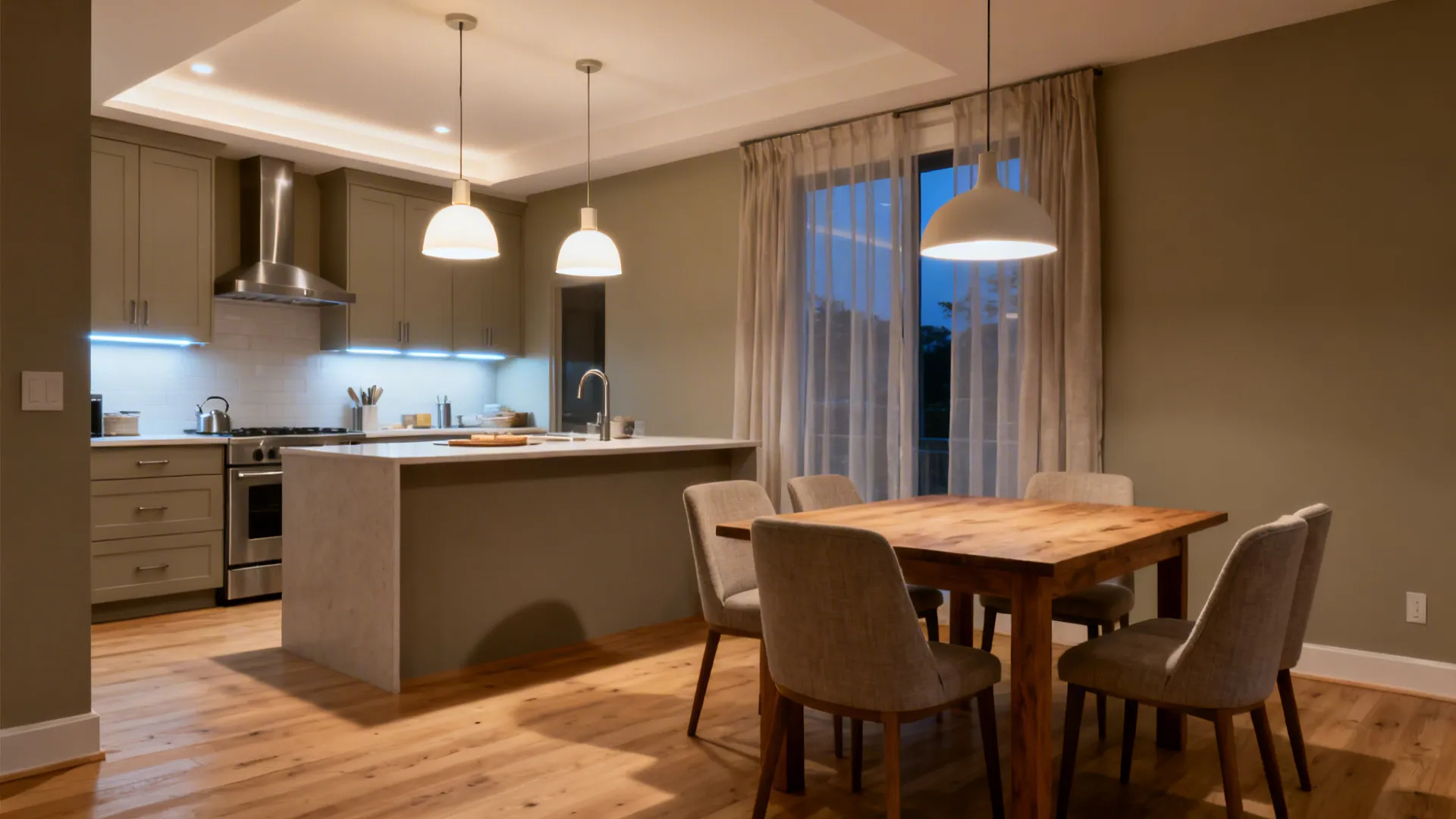 Open kitchen and dining area with wooden table, grey chairs, island, and white ceiling lights
