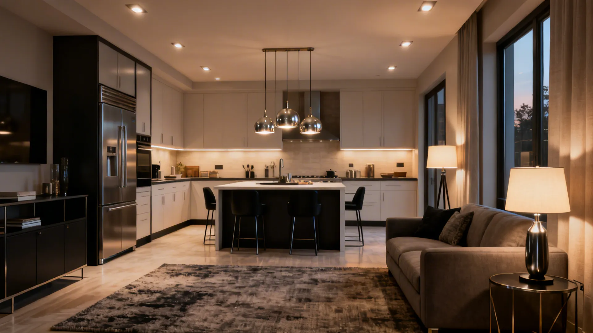 Layered lighting with downlights, island pendants, and lamps balancing kitchen and lounge needs.