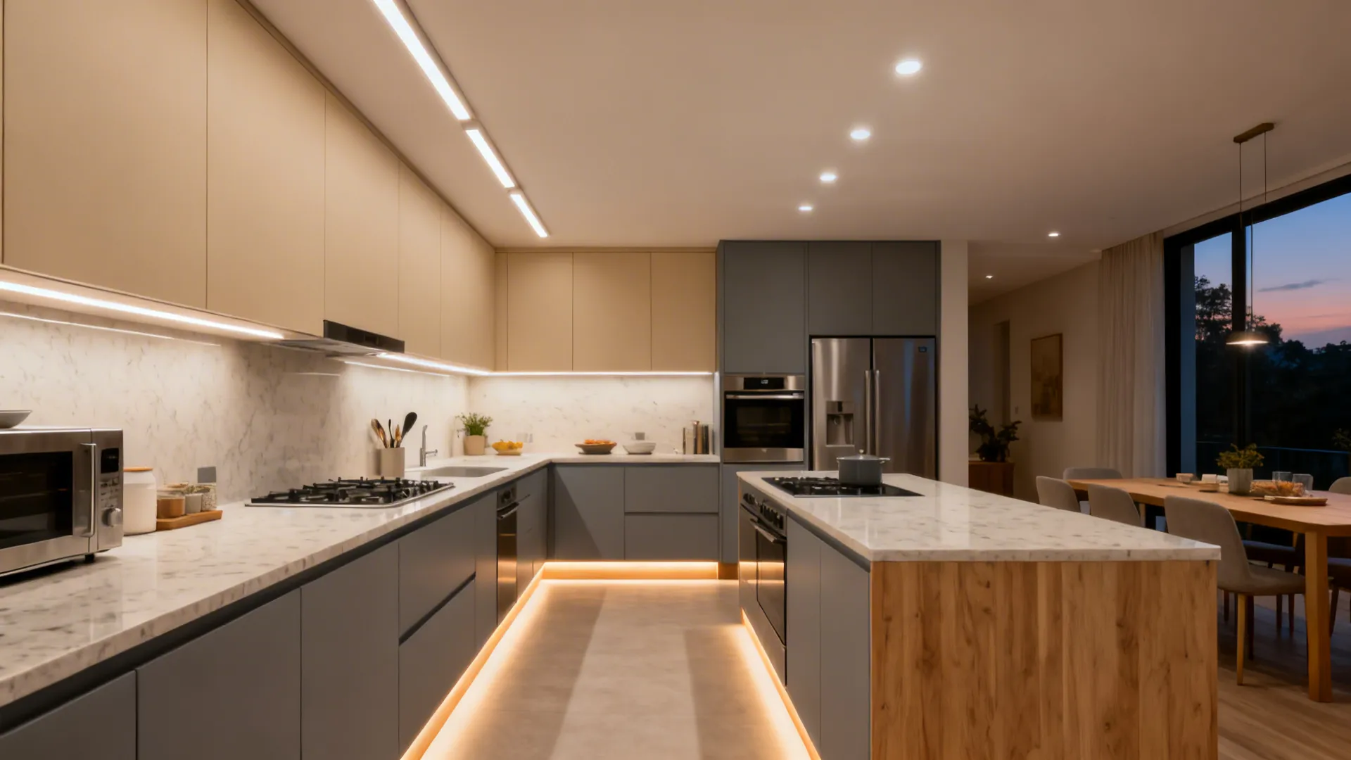 Parallel kitchen at dusk with under-cabinet task lights and warm toe-kick accents.