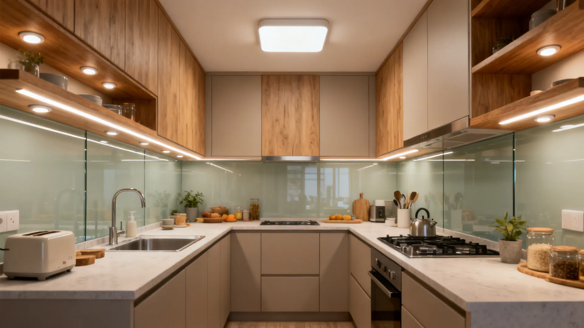 Small kitchen with under-cabinet LEDs, flush-mount ceiling light, and puck lights enhancing visibility.