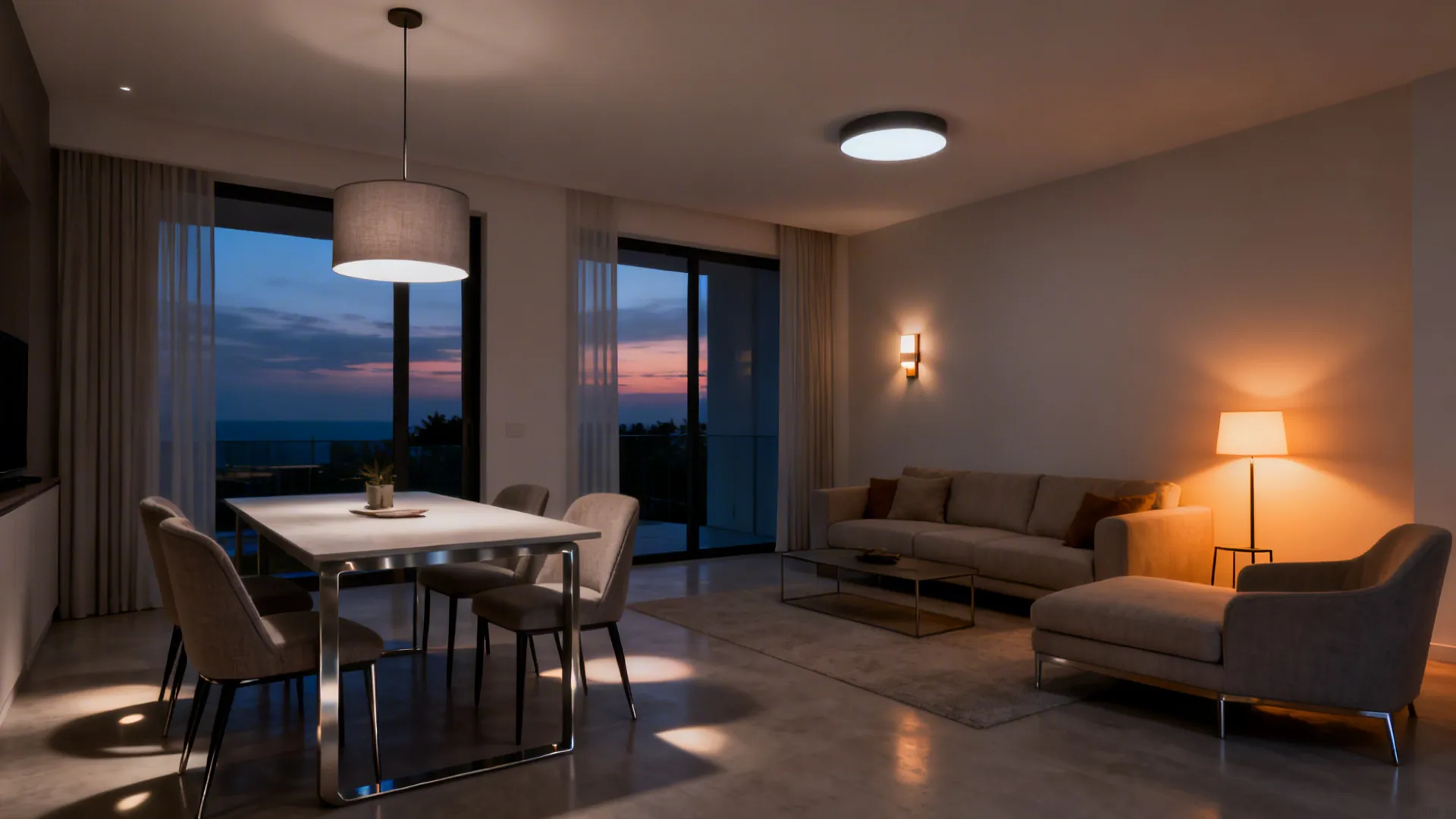 Small living–dining room at dusk with pendant over the table and soft lamps defining separate zones.