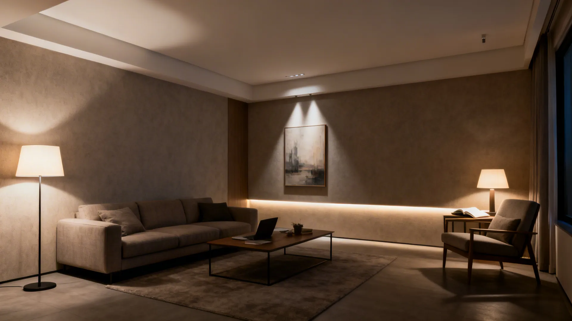 Modern living room showing ambient, task, and accent lighting working together.