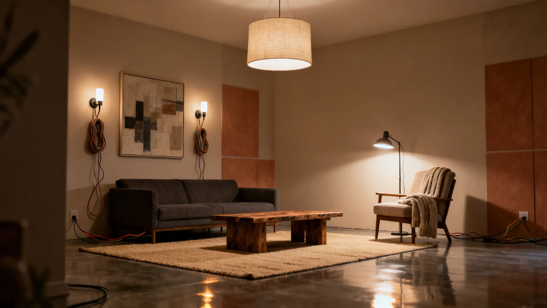 Living room with a linen drum ceiling light, plug-in sconces, and a floor lamp creating layered warm lighting.