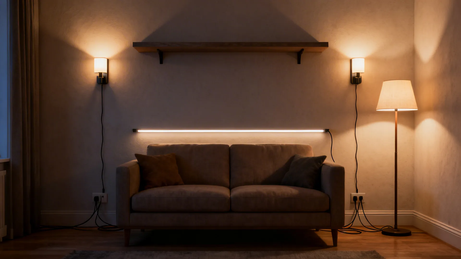 Small living room with plug-in sconces and LED strip creating layered warm lighting.