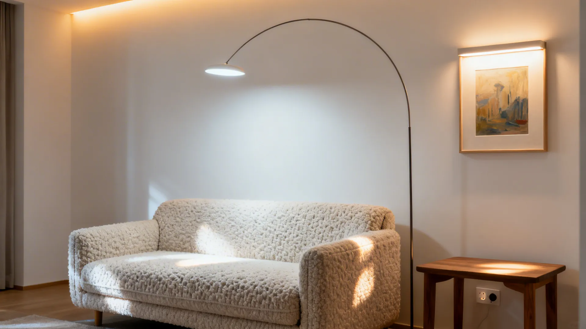 Cozy living room with white sofa curved floor lamp wooden table and lighted wall art