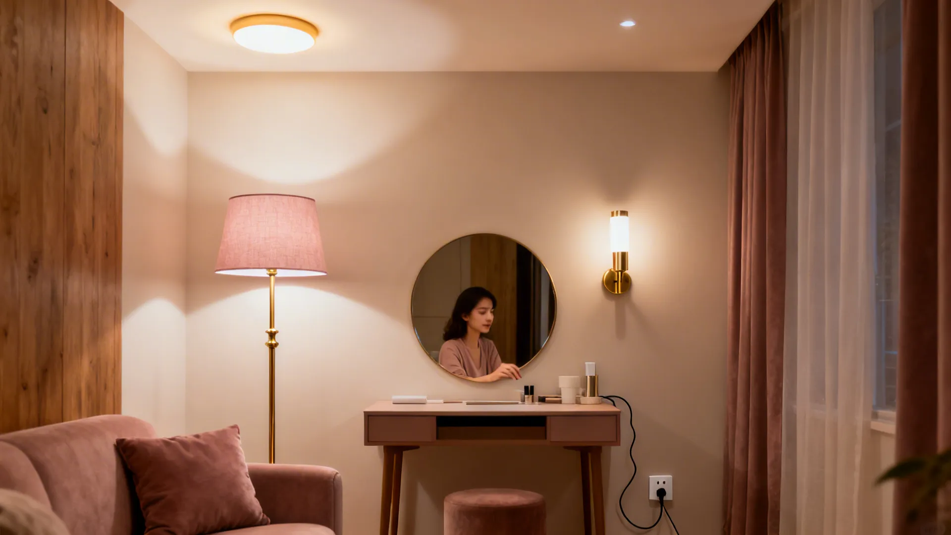 A woman sitting at a desk with a round mirror, floor lamp, and wall light