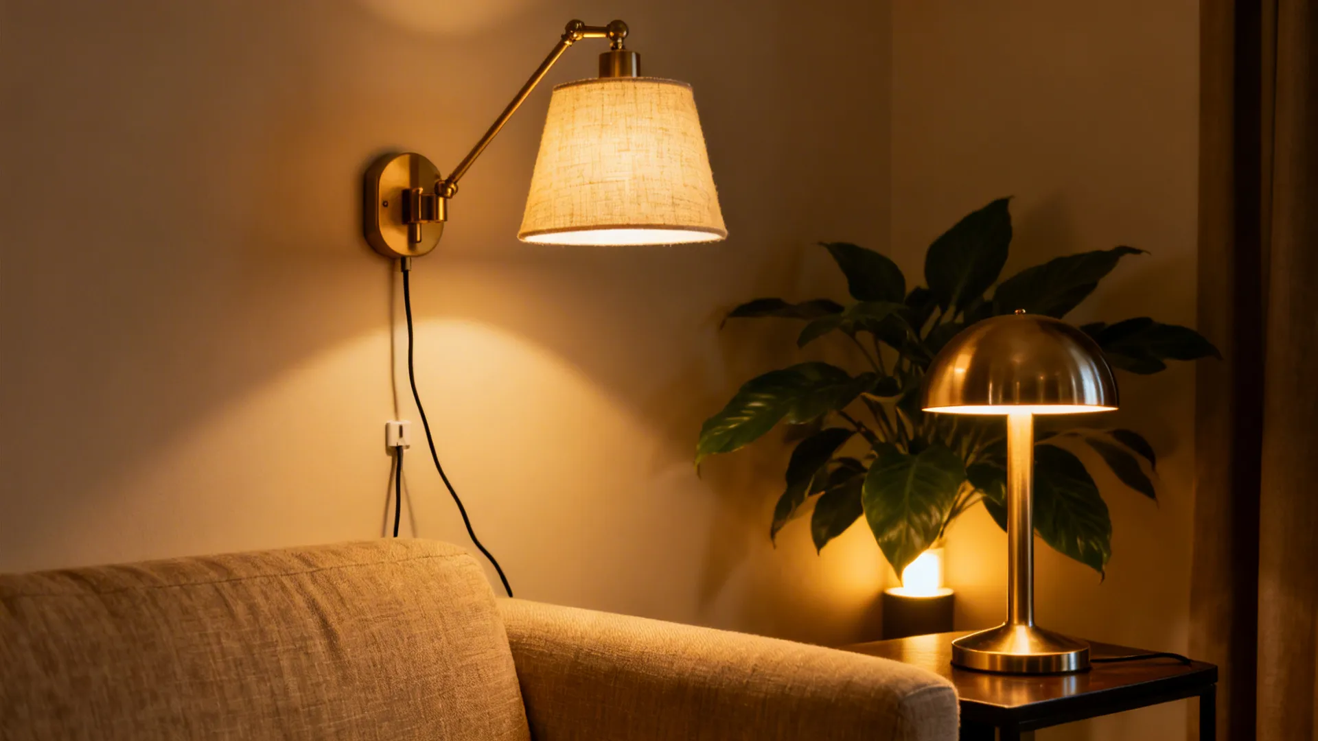 Close-up of plug-in sconce, warm LED task lamp, and a small plant uplight creating layered light in a rental-friendly living room.