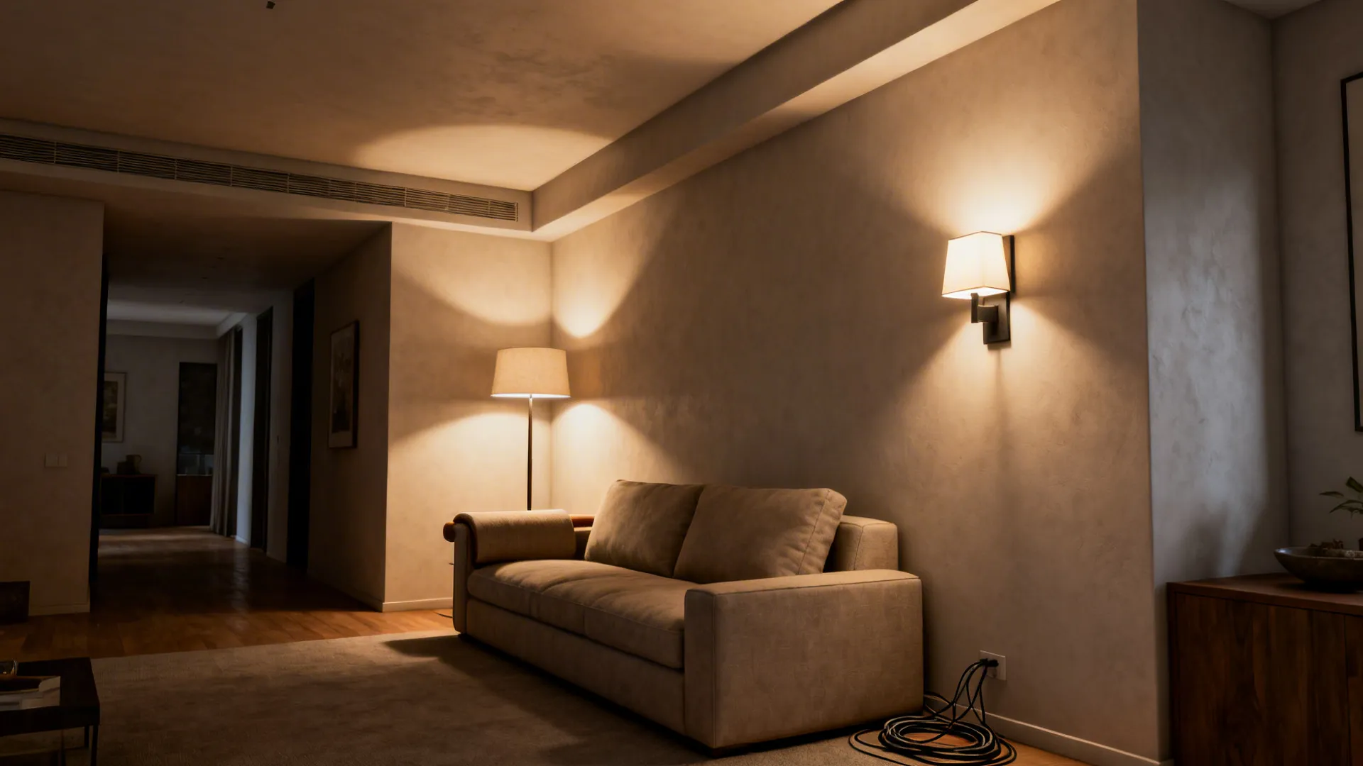 Narrow living room with ceiling wash, reading sconce, and a low-glare floor lamp in warm light.