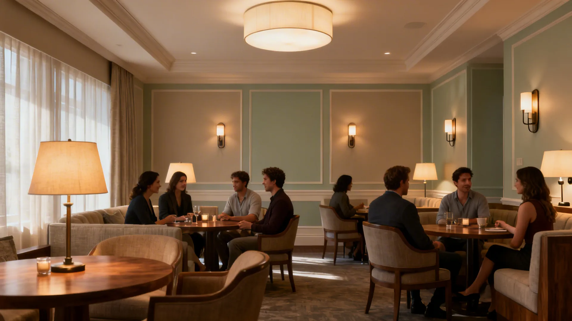 Drawing room with diffused ceiling light, sconces, and table lamps creating warm layered illumination.