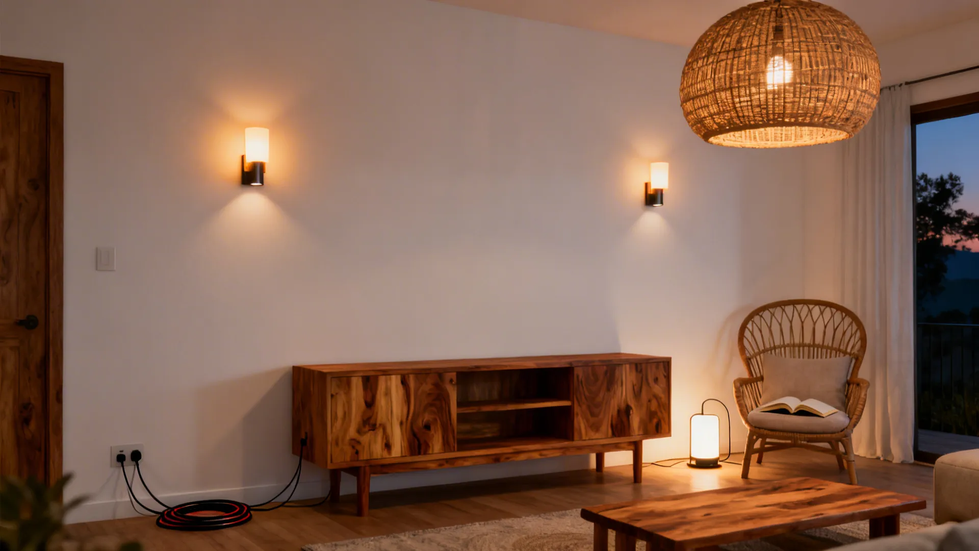 Living room with a rattan pendant, warm plug-in sconces, and a compact floor lamp for layers.