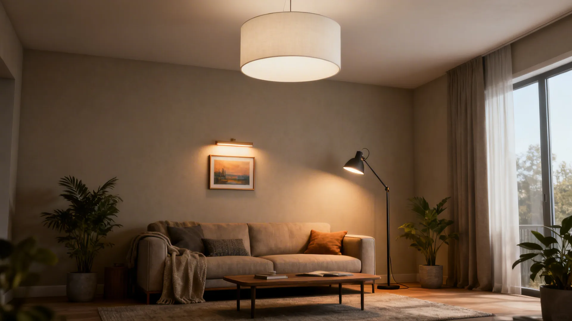 Living room with beige sofa, large ceiling light, floor lamp, wall light, and green plants