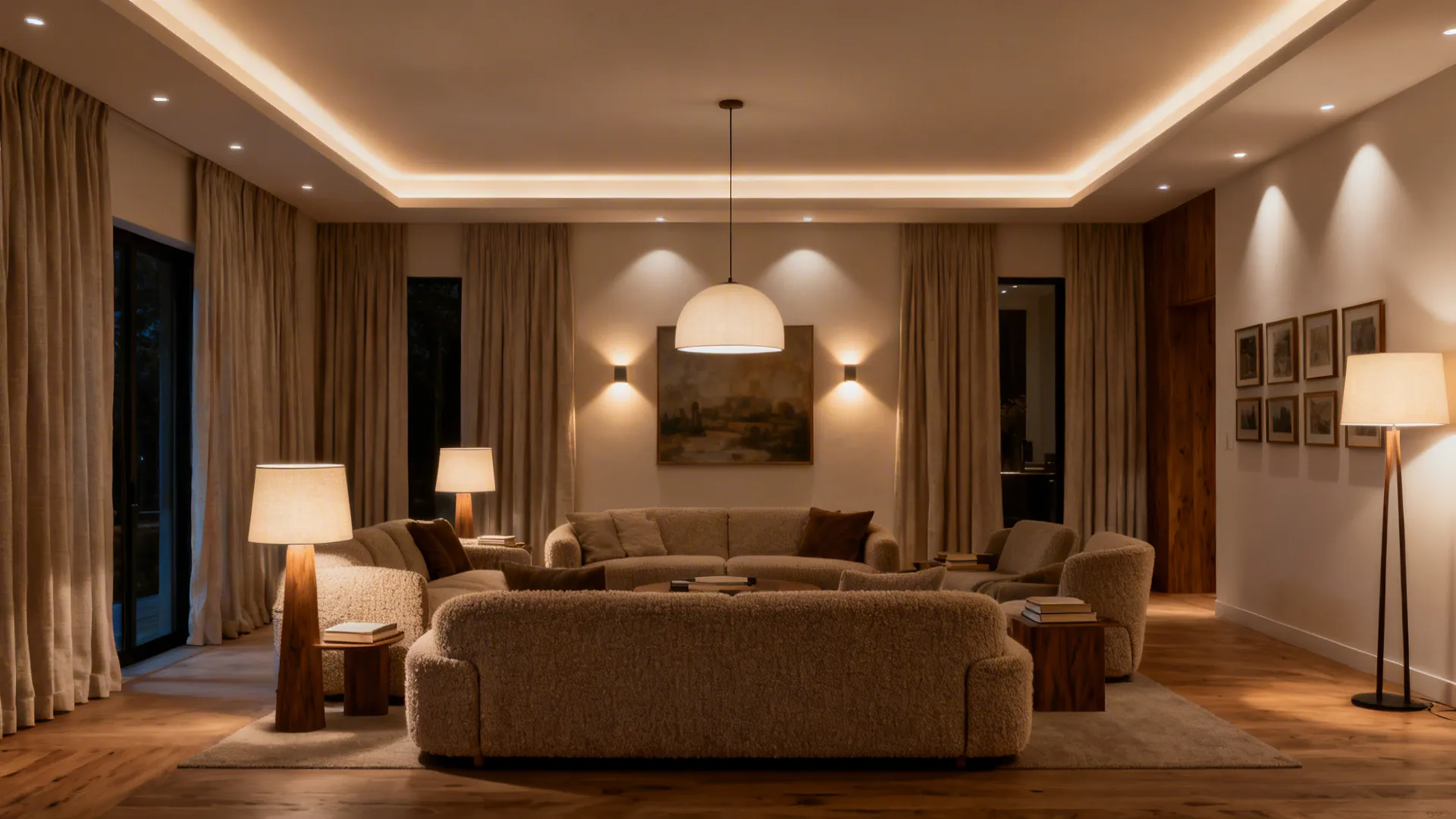 Large living room with pendant, wall washers, and floor lamps creating layered warm lighting.