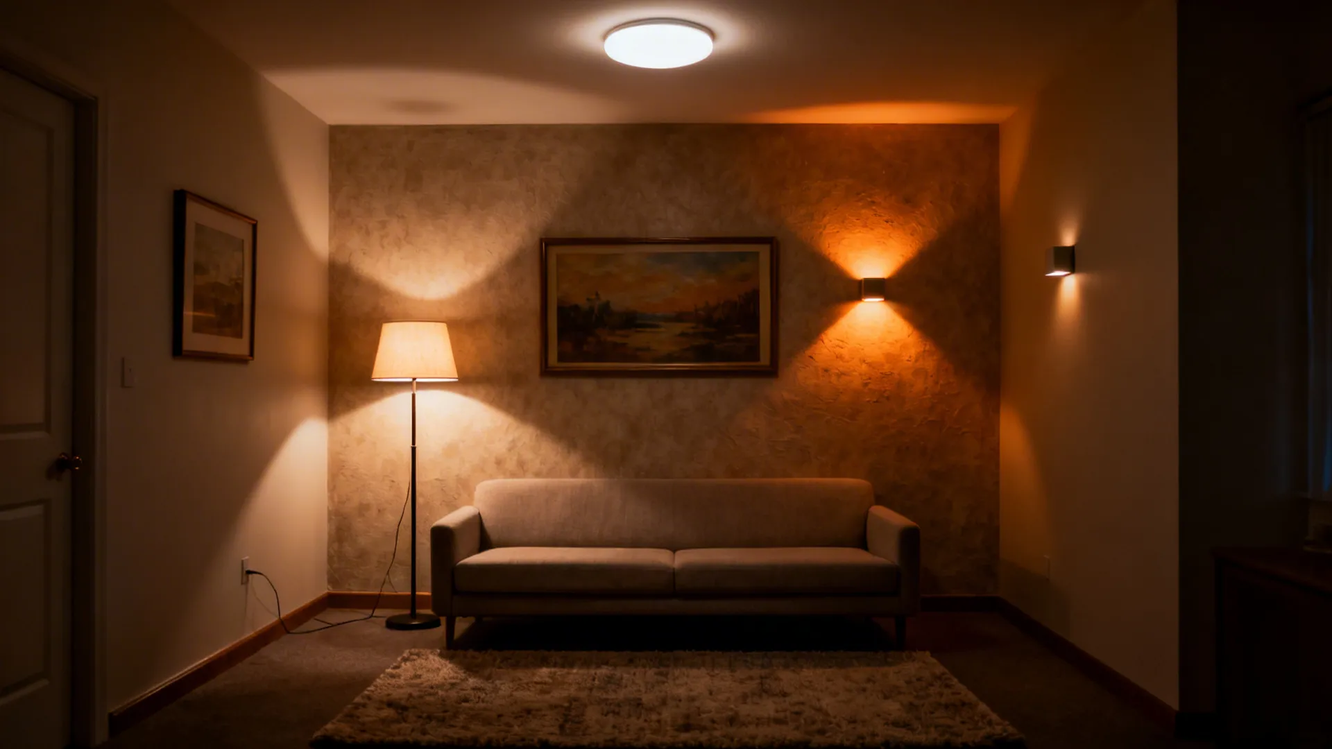 Small living room at night with ambient ceiling light, a floor lamp, and art lighting creating warm layers.