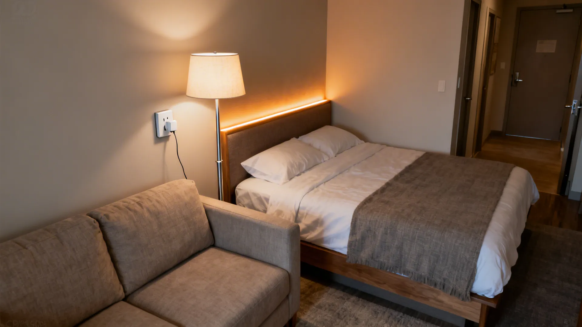 Small room with a wall sconce, floor lamp, and warm LED strip defining cozy zones.